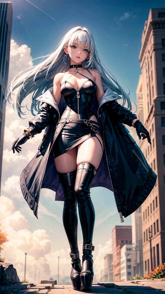ultra quality, young woman, high, bright skin, White hair,t-shirt,strappy, slim, topic, skirt,Remove,coat,thigh high boots,Platform,purple boots,zipper,green eyes, Autumn, bracelets, park, Height,piquancy,exquisitely,long gloves,open shoulders,choker, for the whole growth. 
good drawing of the eyes,ultra quality,looking at the viewer