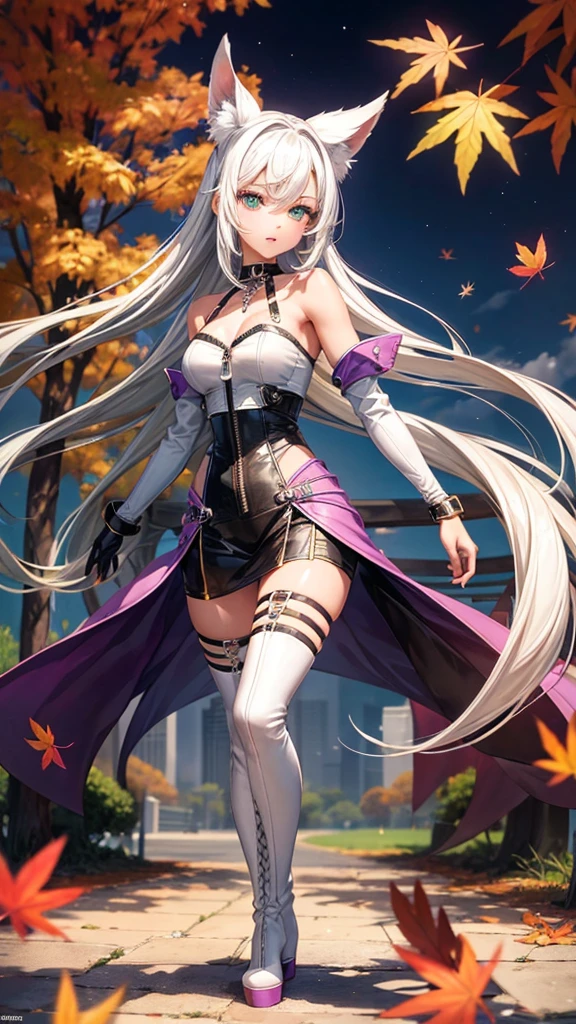 ultra quality, young woman, high, bright skin, White hair,t-shirt,strappy, slim, topic, skirt,Remove,coat,thigh high boots,Platform,purple boots,zipper,green eyes, Autumn, bracelets, park, Height,piquancy,exquisitely,long gloves,open shoulders,choker, for the whole growth.
good drawing of the eyes,ultra quality,looking at the viewer