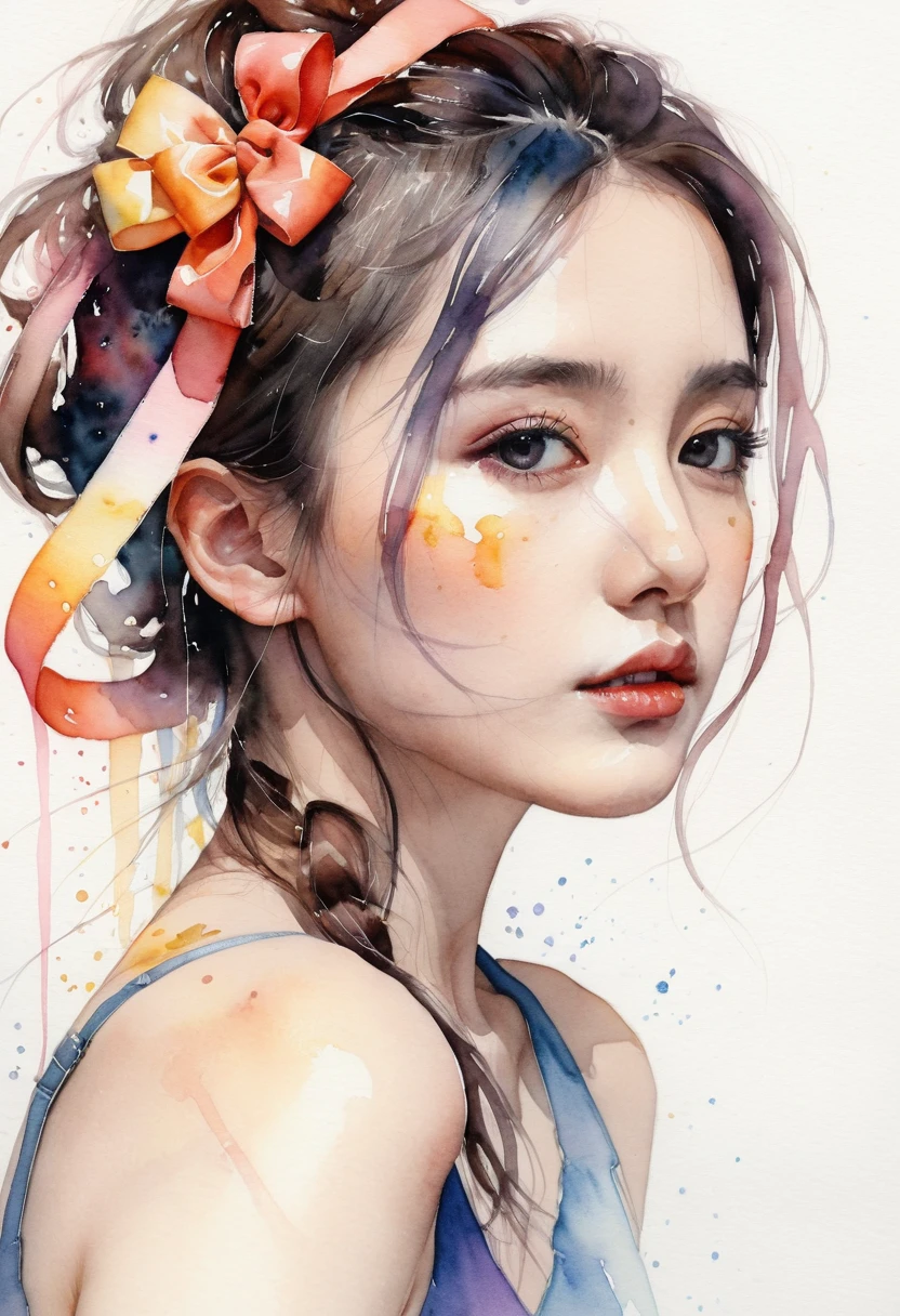 (8K, best quality, masterpiece:1.2),(best quality:1.0), (ultra highres:1.0), watercolor, a beautiful woman, shoulder, hair ribbons, by agnes cecile, half body portrait, extremely luminous bright design, pastel colors, (ink:1.3), autumn lights,front
