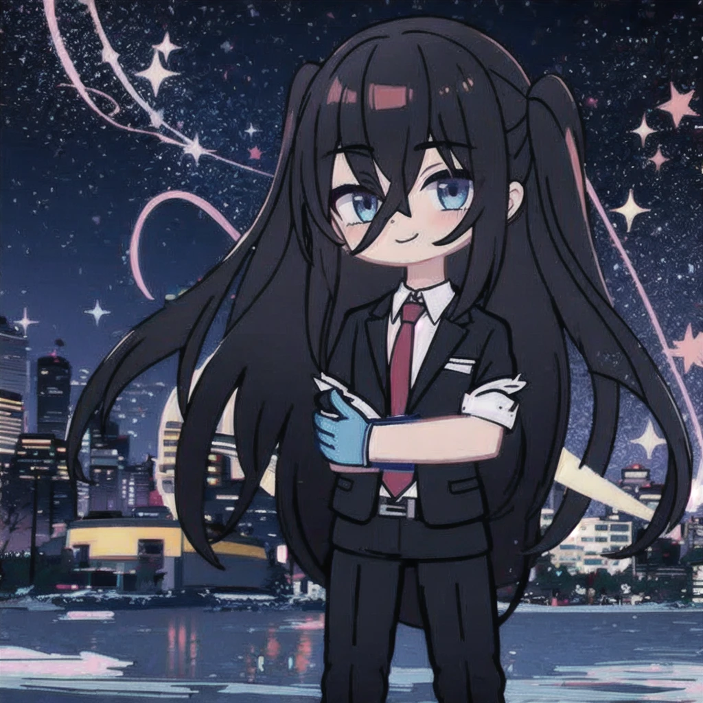 1 boy, long hair, shoulder-length hair, black jacket, tie, trousers, gloves, important pose, sly look, smile, arms extended forward, looking at viewer