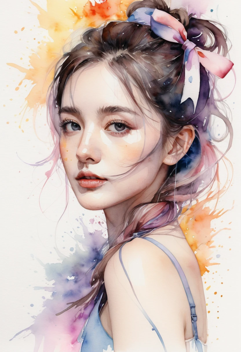 (8K, best quality, masterpiece:1.2),(best quality:1.0), (ultra highres:1.0), watercolor, a beautiful woman, shoulder, hair ribbons, by agnes cecile, half body portrait, extremely luminous bright design, pastel colors, (ink:1.3), autumn lights,front