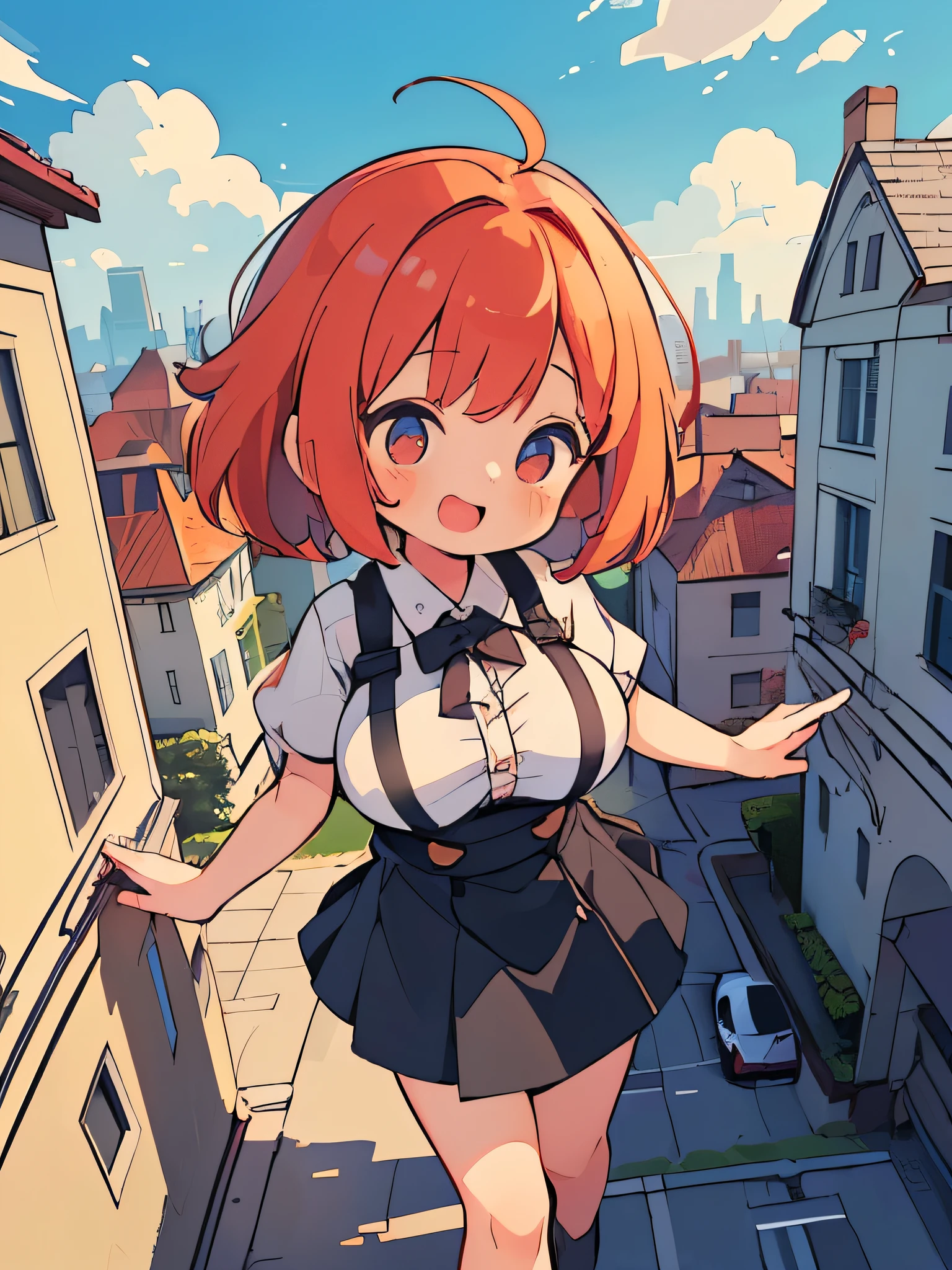 (Highest quality), (masterpiece), Very detailed, Exquisite,Cute design,(Illustration of a girl who is overwhelmingly taller than a building:1.5),(A girl happily looking down at a building:1.8),(Very impressive composition),(Emphasizing the difference in scale between the girl and the building、Exaggerated proportions emphasize the enormous size of the girls:1.3),( body type:1.5),(Super huge breasts:1.3),(Unrealistically huge breasts、It is exaggerated to be several times the size of the face.:1.5),(Peeking through the gaps of a very small model-sized building:1.2),(A girl surrounded by model-sized buildings:1.3),Cute face,(Red Hair:1.5),Short Hair,(White short puff sleeve dress:1.3),black suspender skirt,Black ribbon at neck,(dynamic).(Wide open mouth:1.2).(contrast),concept art,fantasy art,Outdoor,Cute face,Black short skirt,Detailed Buildings,(Very detailedな手:1.5),Don't wear anything on your head,(Red eyes:1.5),Curved