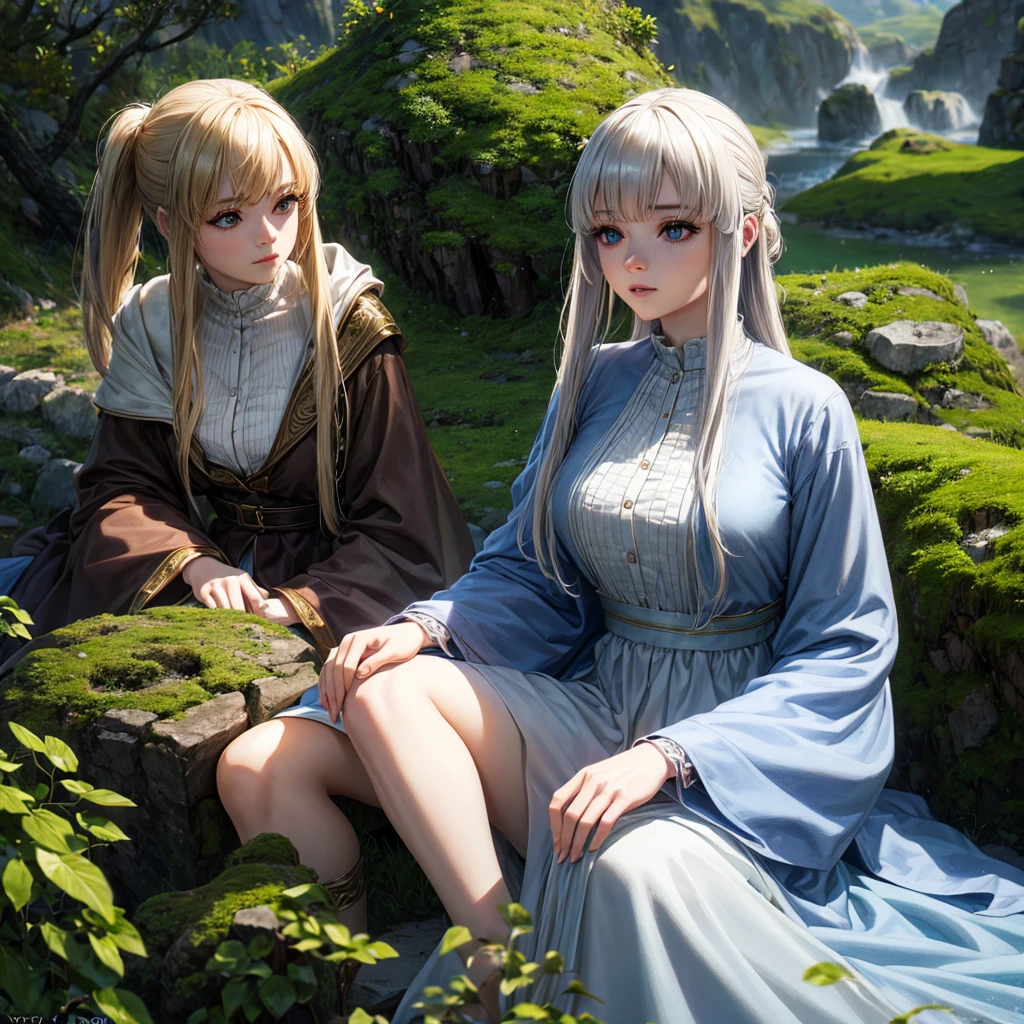 フェルン, (1girl:1.2), beautiful detailed eyes, beautiful detailed lips, extremely detailed face, longeyelashes, wearing a flowing dress, serene expression, sitting on a mossy rock, (best quality,8k,highres,masterpiece:1.2),ultra-detailed,(realistic,photorealistic:1.37),cinematic lighting, vibrant colors, dramatic lighting, fantasy landscape, dramatic clouds, golden hour