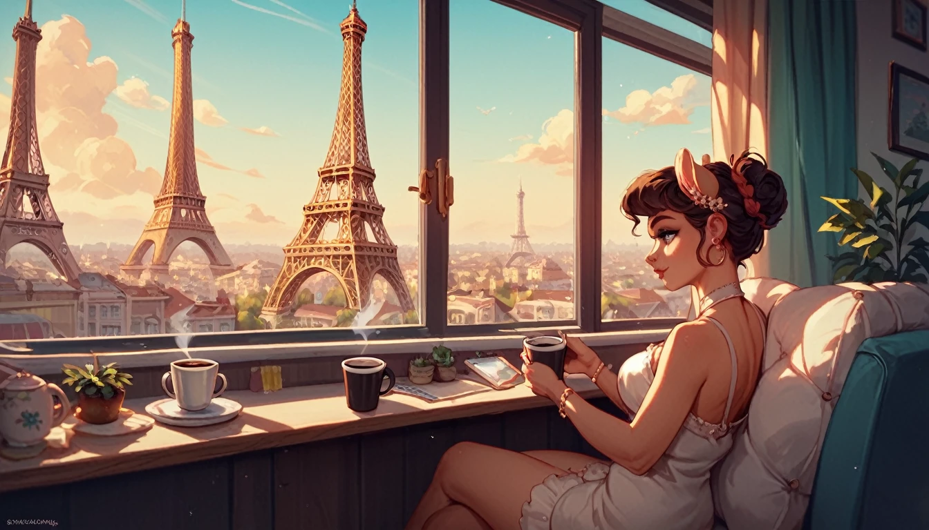 score_9_up, score_8_up, score_7_up, score_6_up, a cozy night time at a Parisian coffe shop interior with cozy lighting and sweets in the shelves. There are tables and coffee cups in the tables. There is a big window in the middle of the coffees hop and the outside view is this eiffel tower