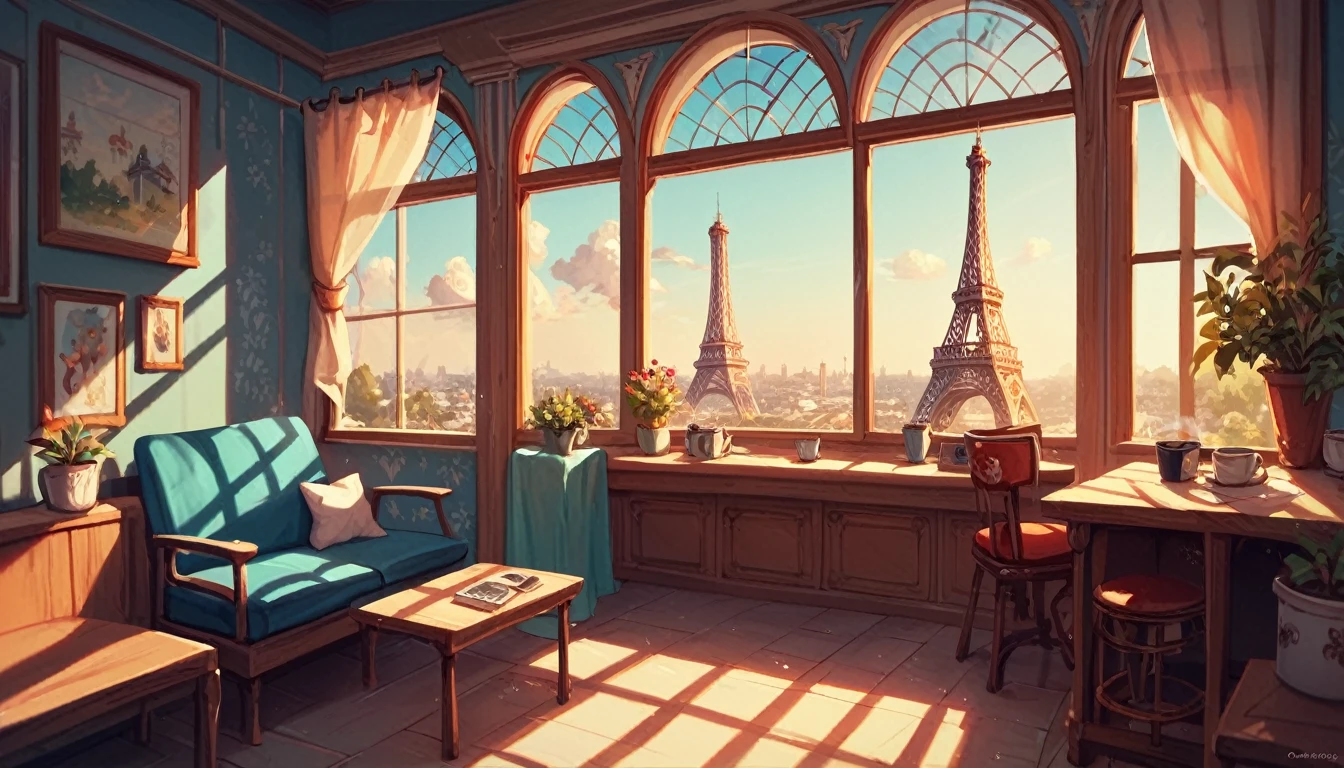 score_9_up, score_8_up, score_7_up, score_6_up, a cozy night time at a Parisian coffe shop interior with cozy lighting and sweets in the shelves. There are tables and coffee cups in the tables. There is a big window in the middle of the coffees hop and the outside view is this eiffel tower