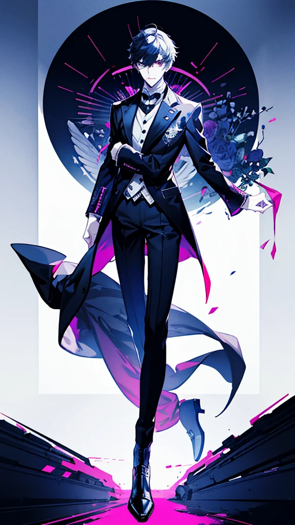 a cartoon image of a man in a suit and tie, persona 5 style, single character full body, full body with costume, persona 5 art style, persona art style, persona 5 art style wlop, yandere. tall, persona 5 inspired, anime full body illustration, persona 5 phantom thief style, clear outfit design, full body details
