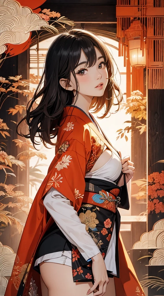 ((8k wallpaper of extremely detailed CG unit, masterpiece, hight resolution, top-quality, top-qualityのリアルテクスチャスキン)), (a very beautiful woman, Plump lips, The upper part of the body, Hands in pockets:1.5, Japanese pattern blouson:1.2, Japanese pattern micro mini shorts:1.2), (A dark-haired, hair messy, de pele branca, small tit), ((Colorful background with geometric patterns, Japanese pattern background, warm color)), (hyper realisitic, digitial painting),