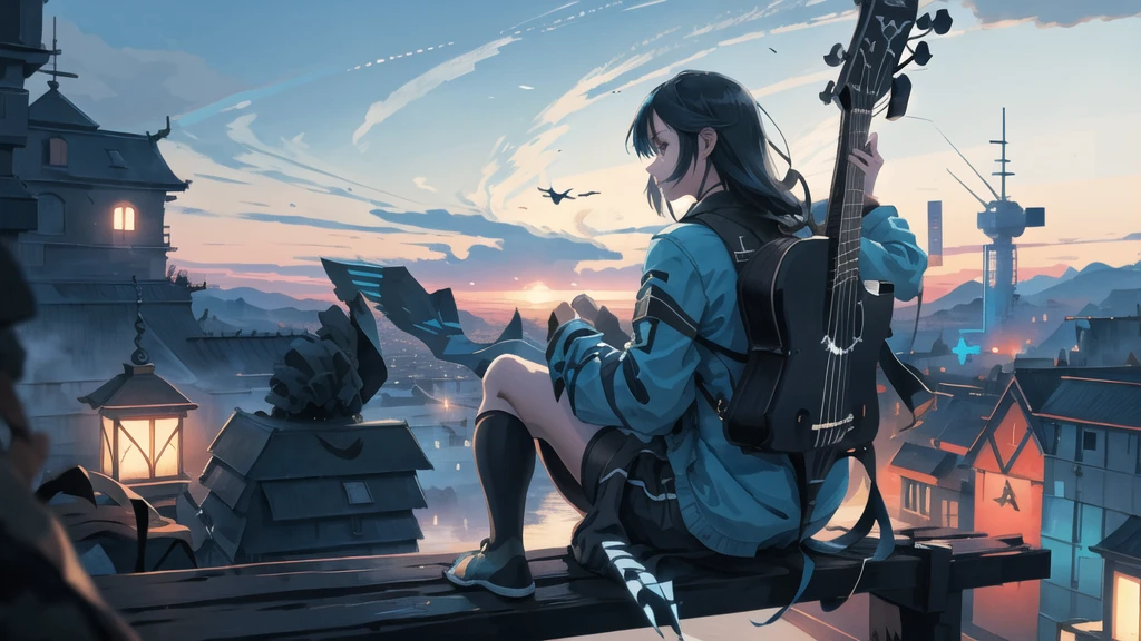 Octane, null, star (null), scenery, Blue Parakeet,Acoustic guitar,starnull, night, One girl, Back view,nightnull, alone, Outdoor, Blue Parakeet,building, cloud, milky way, Sitting, wood, Long Hair, Acoustic guitarが近くにある,city, silhouette