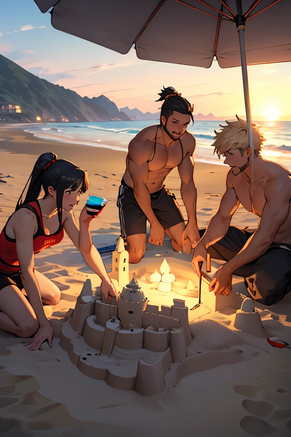 vikings making sandcastle at the beach with drinks and parties, golden hour anime style
