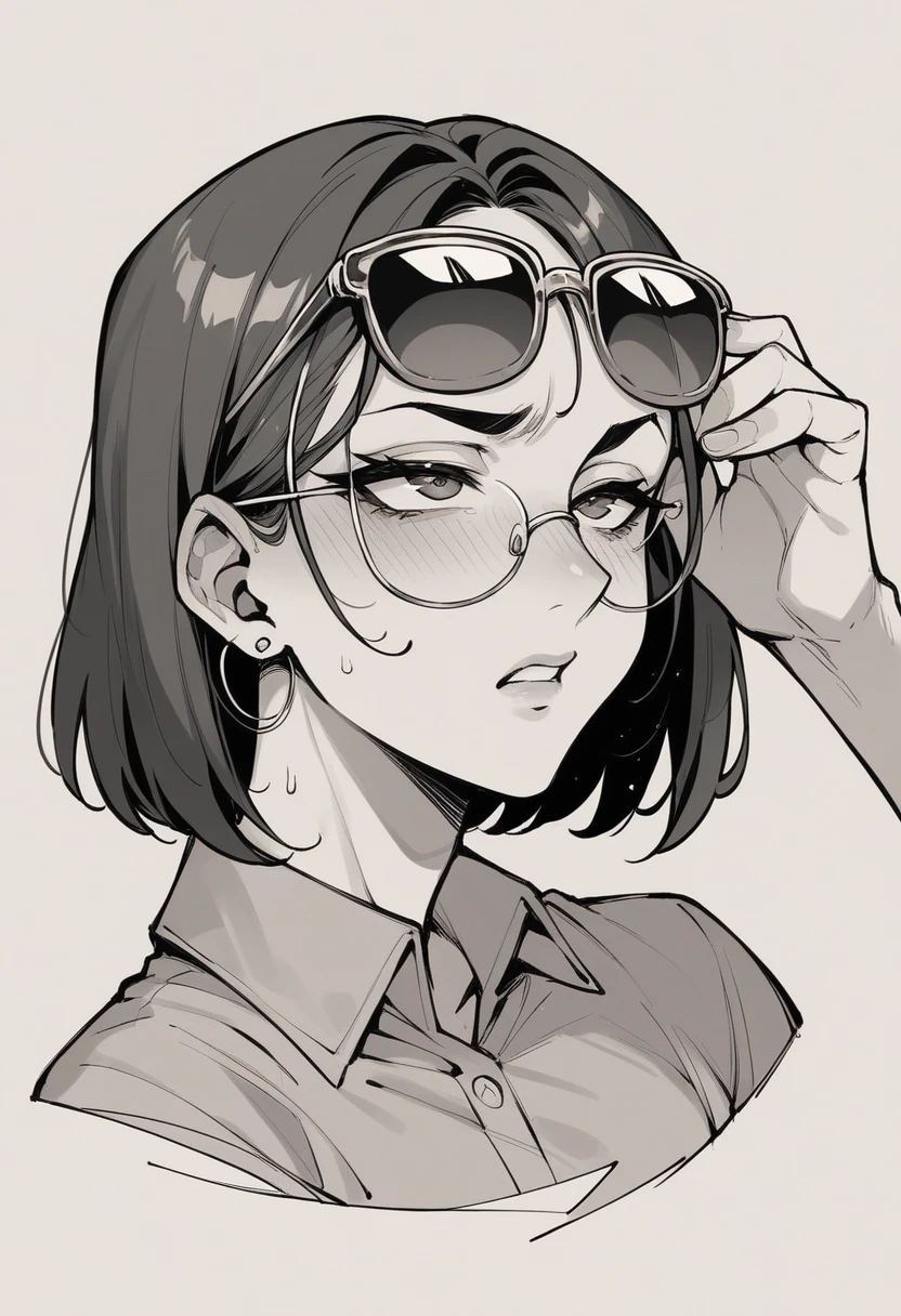 Push your glasses up on your head:1.5、A stunningly beautiful woman is frustrated because she can&#39;t find what she&#39;s looking for、Marker outline、Detailed facial features、Beautiful green eyes squinting:1.7、Detailed hands、Erotically detailed outfits、Dynamic pose、Atmospheric lighting、Calm colors、EdobHorrorLandscape