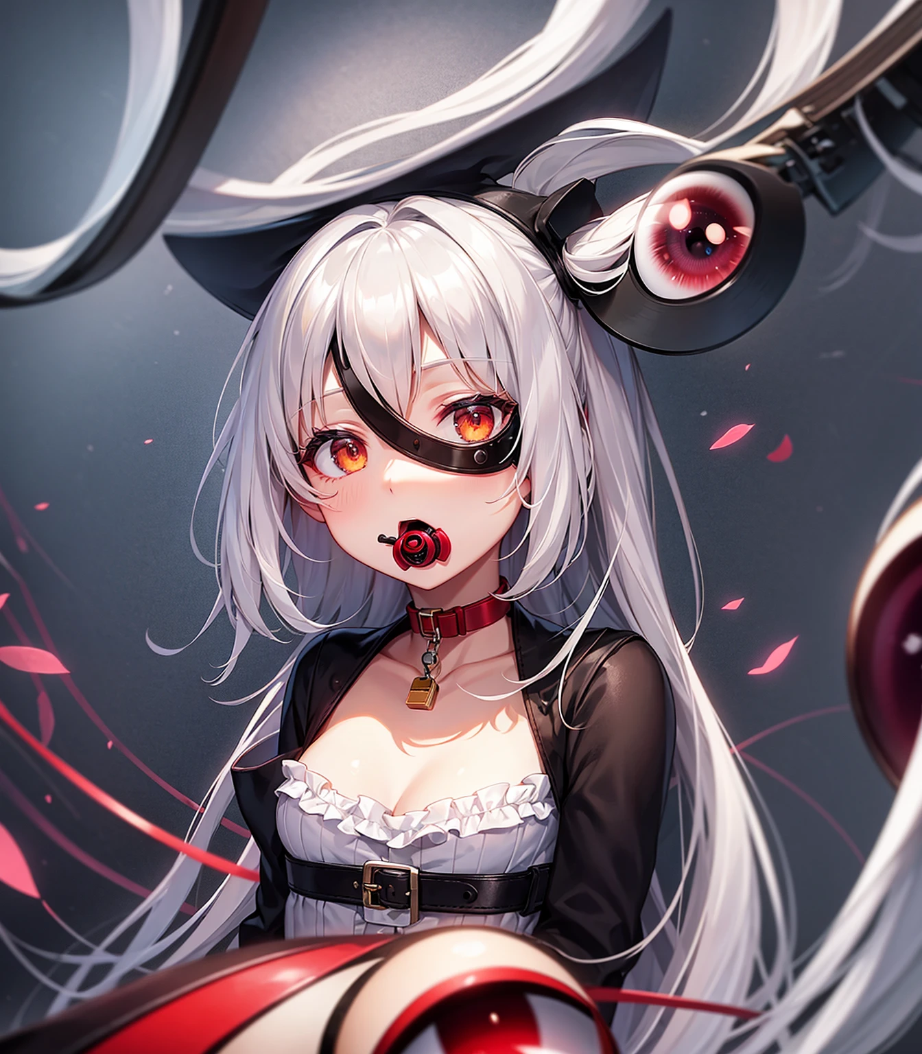 ((Red choker)),((padlock)),((Ball gag)),((((Eye mask)))),(SM),(In a naughty way),Cute little ,Tiny ,Small girl,,Childish face, Very fine clean face,Top quality, Subtle light, Soft lighting,Light from directly behind, With bust up,Front view,prison