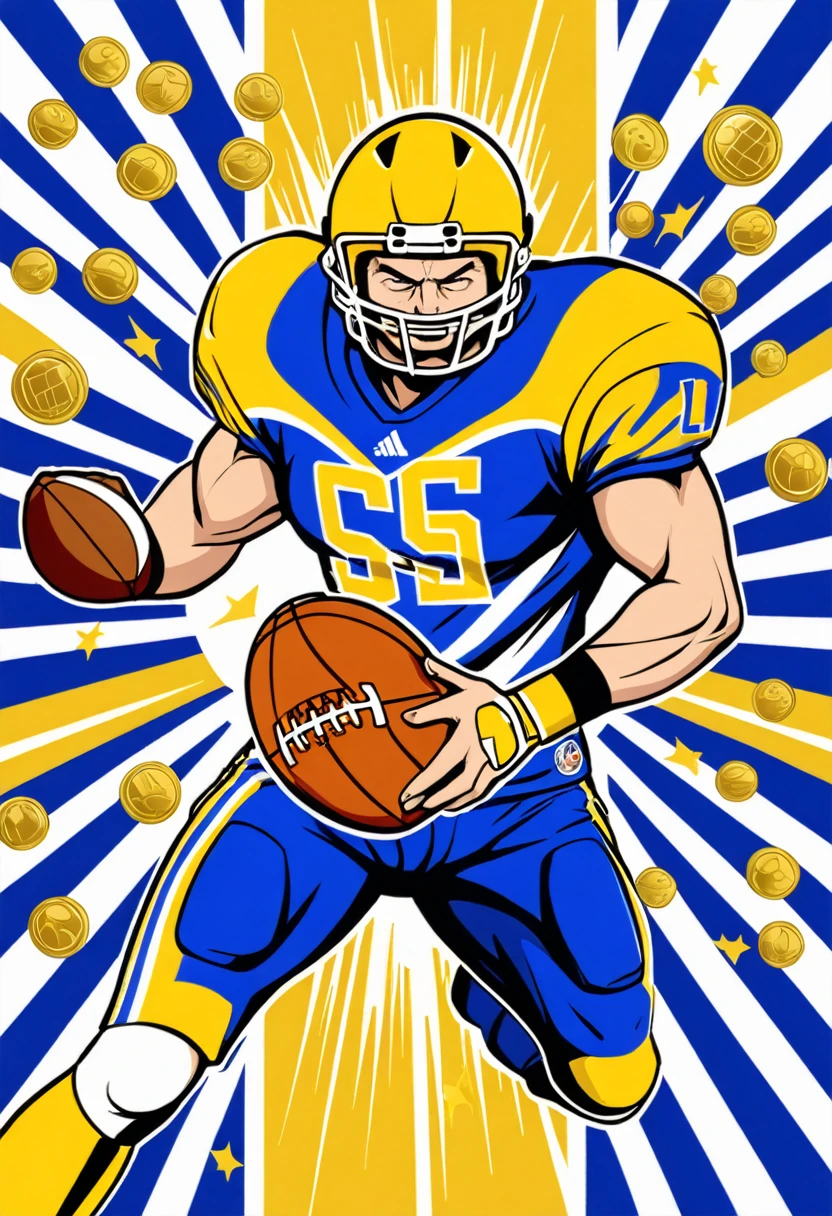 Create an image that relates to sports (football, basketball, MMA, American football) and sports betting. The image should have the following details: A background divided diagonally in two vibrant colors, blue on the left and gold on the right. As a central element, a strong, muscular Zeus-like hand grasping a bright lightning bolt in the center of the image. Lightning Details: The lightning bolt should have dynamic sparks, and money symbols like bills and coins should emanate from it, along with small sports icons like a soccer ball, basketball, MMA glove, American football helmet. Place the name "Olympic Bet" at the bottom of the image in a bold, modern font, in a color that contrasts well with the background, such as white or gold. For the border, circle around the entire image in a contrasting color, such as white, to ensure it stands out against any background.