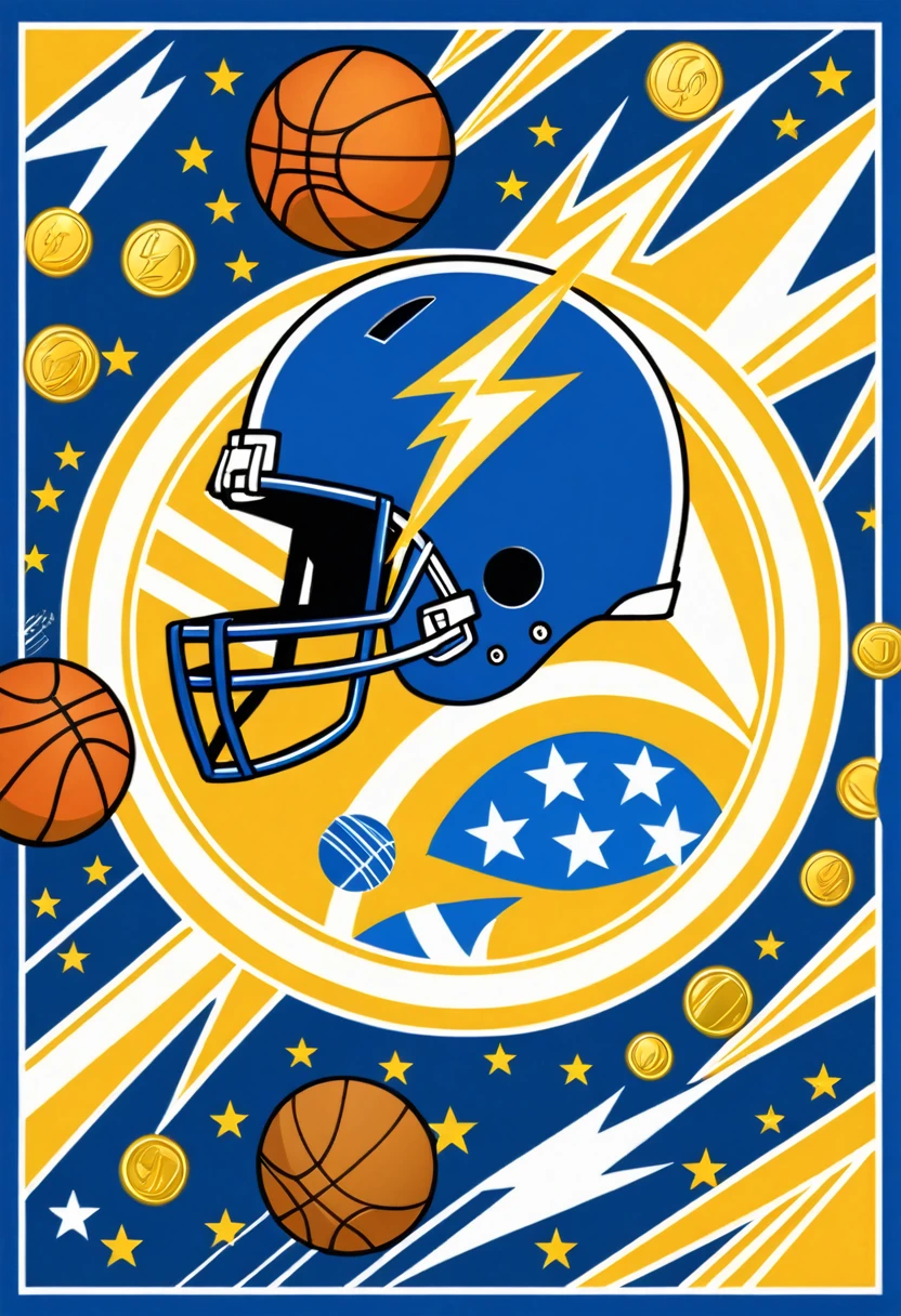 Create an image that relates to sports (football, basketball, MMA, American football) and sports betting. The image should have the following details: A background divided diagonally in two vibrant colors, blue on the left and gold on the right. As a central element, a strong, muscular Zeus-like hand grasping a bright lightning bolt in the center of the image. Lightning Details: The lightning bolt should have dynamic sparks, and money symbols like bills and coins should emanate from it, along with small sports icons like a soccer ball, basketball, MMA glove, American football helmet. Place the name "Olympic Bet" at the bottom of the image in a bold, modern font, in a color that contrasts well with the background, such as white or gold. For the border, circle around the entire image in a contrasting color, such as white, to ensure it stands out against any background.