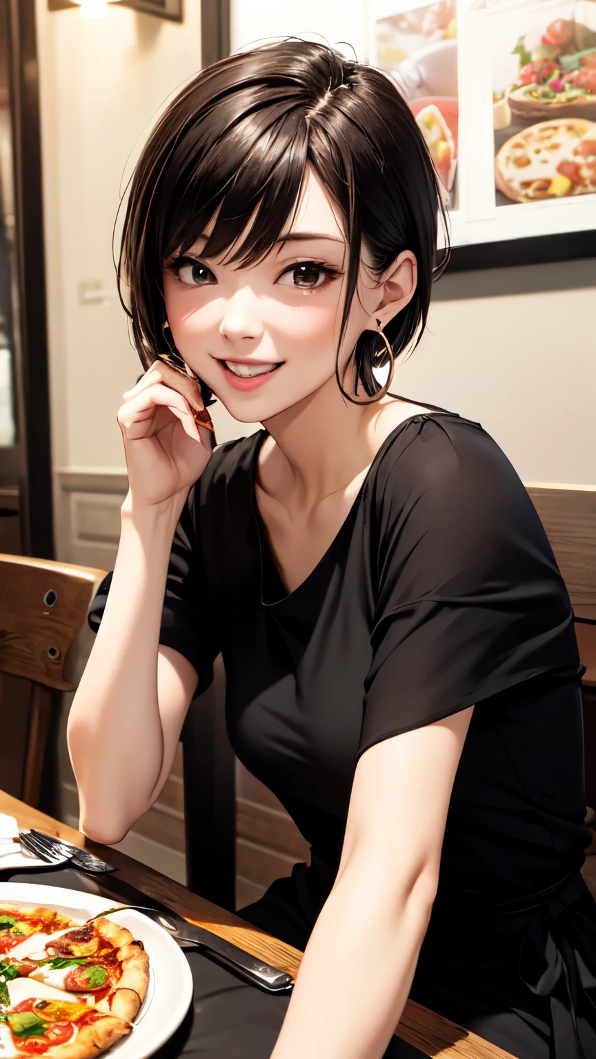 (masterpiece), (Highest quality), High resolution, Super detailed, Realistic, 8K, A complicated face, Detailed body, Detailed face, beautiful, Break 1 Girl, alone, short hair, Brown Hair, bangs, (Wearing a dress), Hoop Earrings BREAK Family Restaurant, table, Italian food, pizza, Smile, Open your mouth wide, blush, from the front, Captivating smile
