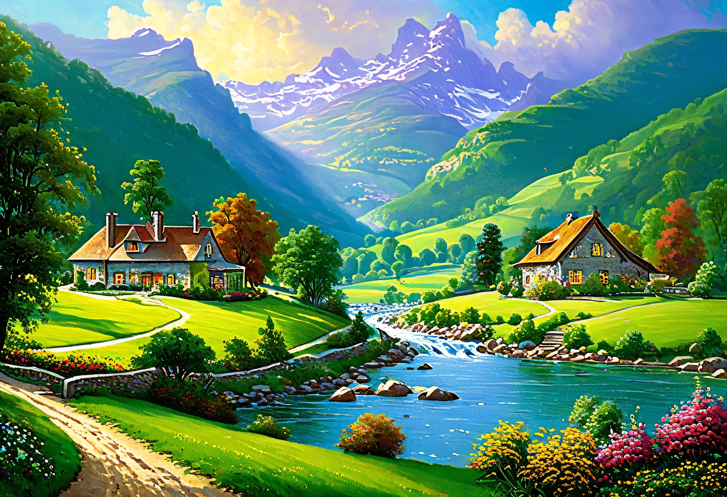 Painting of a country house in a river valley, Detailed painting by Franz Hegi, Shutterstock Contest Winner, naive art, Landscape painting details, Landscape painting, Beautiful Valley, thomas kinkade, Serene landscape, Landscape - Scenery, dream scenery art, blissful landscape, Peaceful landscape, ( thomas kinkade ), Detailed Landscape — Width 672, idyllic cottage