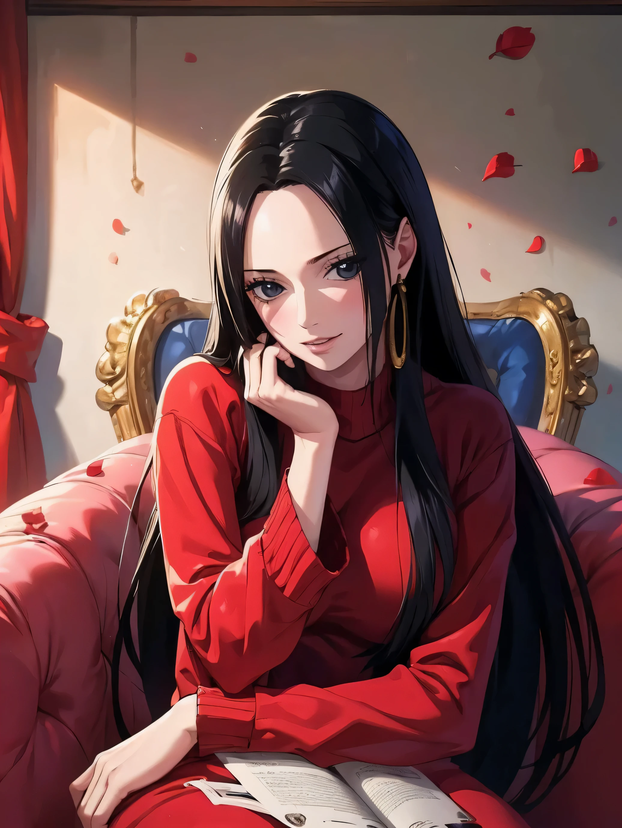 Highest quality, masterpiece, Very detailed,One girl,  ((Rose)), (vine), cage, bandage, Red rope, (Detail Light), falling Rose petals, Boa Hancock,, (masterpiece:1.5), Detailed Photos, smile,(8K, Realistic, Highest quality: 1.4), (One girl), Beautiful Face, (Anime realistic face), (Black Hair, Long Hair: 1.3), Beautiful hairstyle, Realistic eyes, Beautiful details in the eyes, (Realistic Skin), Beautiful Skin, (sweater), Absurd, Charm, 超High resolution, Ultra-realistic, High resolution, Golden Ratio,Sitting elegantly on a luxurious sofa