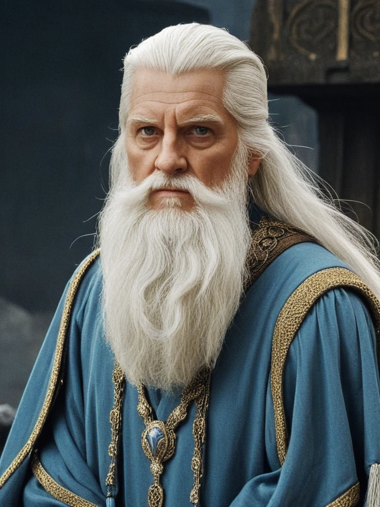 Thorin had a white beard and wore a sky-blue hood with a long silver tassel... Around his neck he wore a gold chain, to which he attached his grandfather's key. He wore a gold belt and jewels, and her socks were yellow. He was also considered quite tall for a dwarf, although its height was insignificant compared to other breeds.