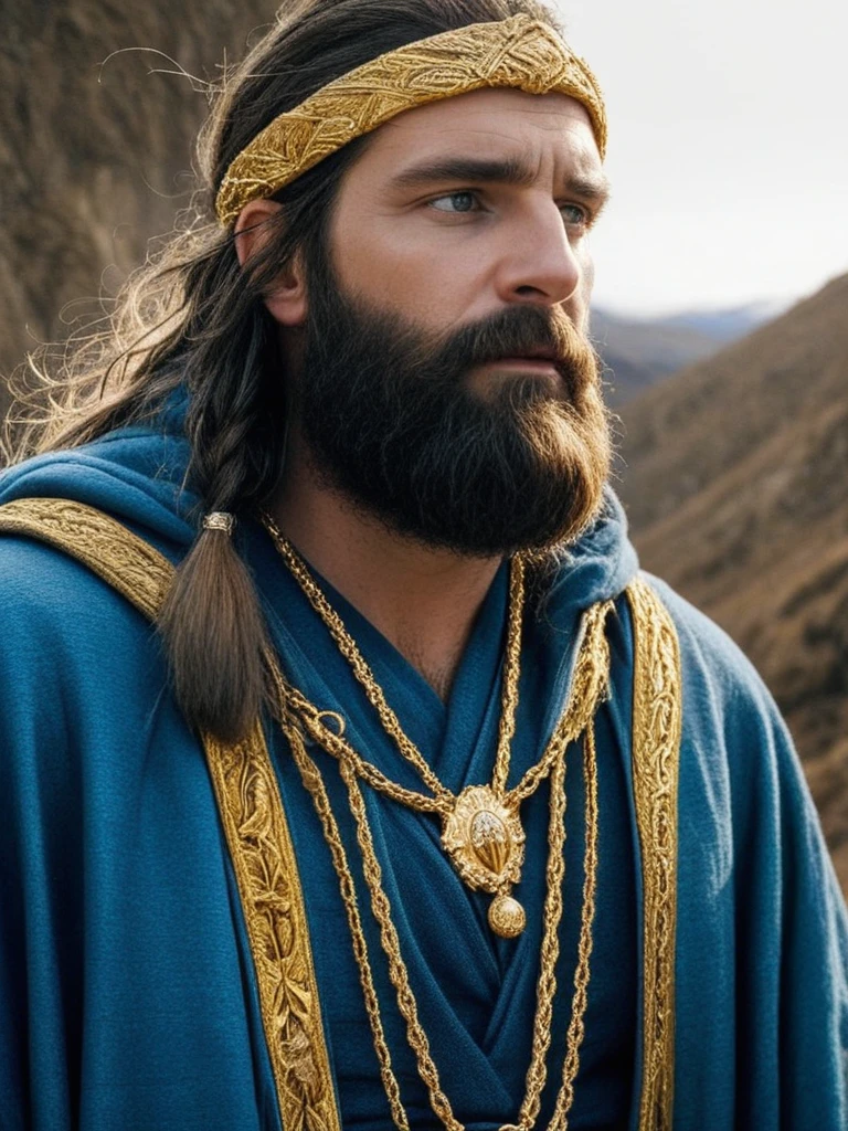 Thorin had a white beard and wore a sky-blue hood with a long silver tassel... Around his neck he wore a gold chain, to which he attached his grandfather's key. He wore a gold belt and jewels, and her socks were yellow. He was also considered quite tall for a dwarf, although its height was insignificant compared to other breeds.
