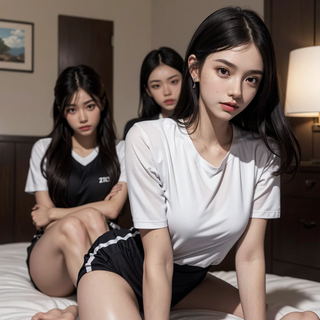 absurdres, RAW photo, extremely delicate and beautiful, masterpiece, Best Quality, ultra high resolution, 32k, hyperrealistic, ultra-detailed, Very detailed CG 8k wallpaper, Beautiful Lighting, Perfect Lightning, Realistic Shadows, perfect anatomy, super Detailed skin, perfect figure, Japanese woman, late 20s, very Slim body, narrow waist, very small head, handsome detailed woman, very detailed eyes and face, realistic face proportions, Stunning detailed eyes, Realistic beautiful face, very small face, Realistic small beautiful eyes, tearful mole, earring, bare legs, beautiful and very thin legs, beautiful and very thin thighs, (very huge round breasts:1.2), full body shot, medium hair, wavy hair, black hair, (volleyball uniform:1.2), (3 girls:1.5),