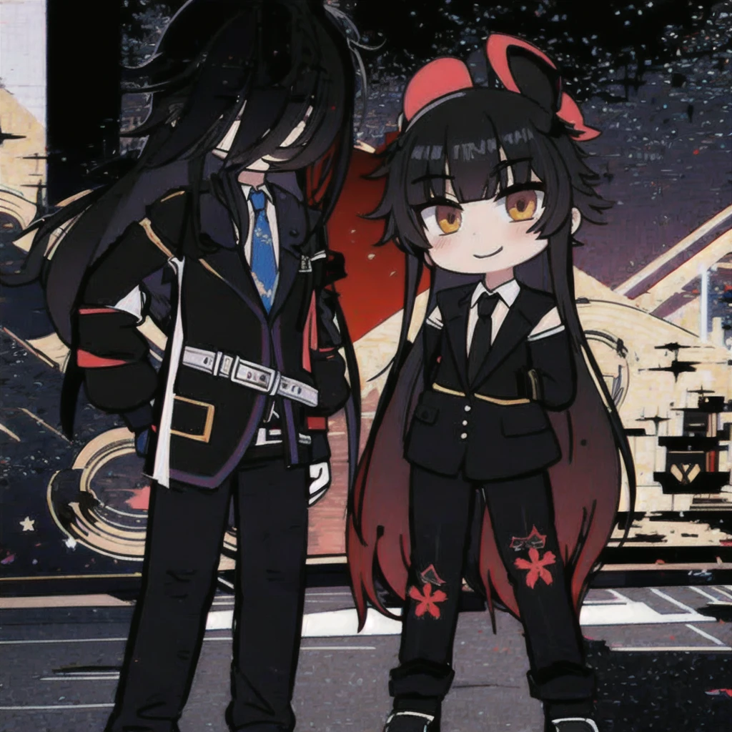 1 boy, long hair, shoulder-length hair, black jacket, tie, trousers, gloves, important pose, sly look, smile, arms extended forward, looking at viewer