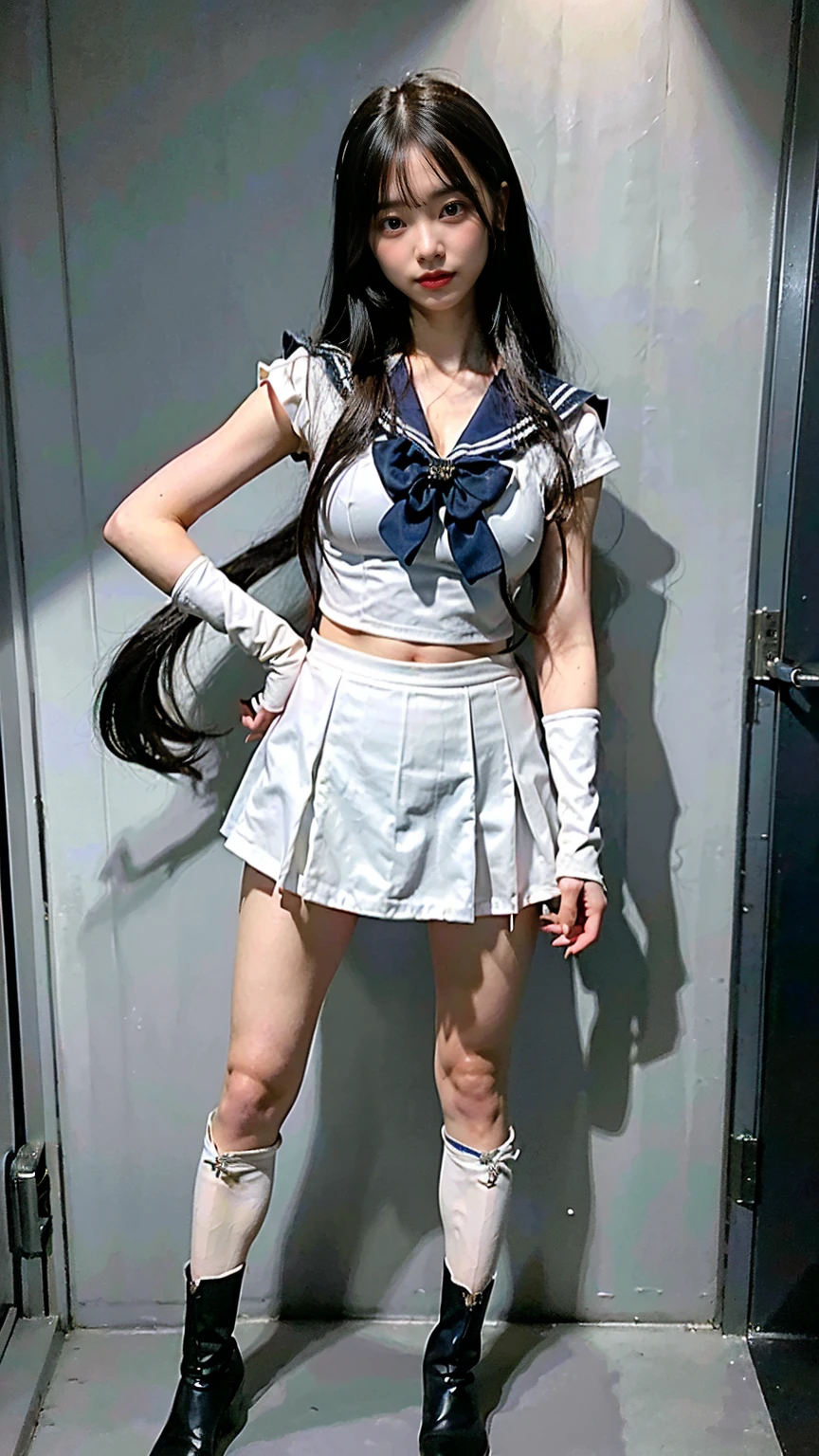 (8K、RAW Photos、Highest quality、masterpiece:1.2)、(Realistic、Realistic)、1 girl、((Sailor Warrior Outfits:1.5、With pubic hair、Large Breasts、Full body from the front、Standing with hands behind back、、Lots of eyelashes、Glowing eyelids、skeletally correct、smile、This photo will awaken boys to sex、Public toilets