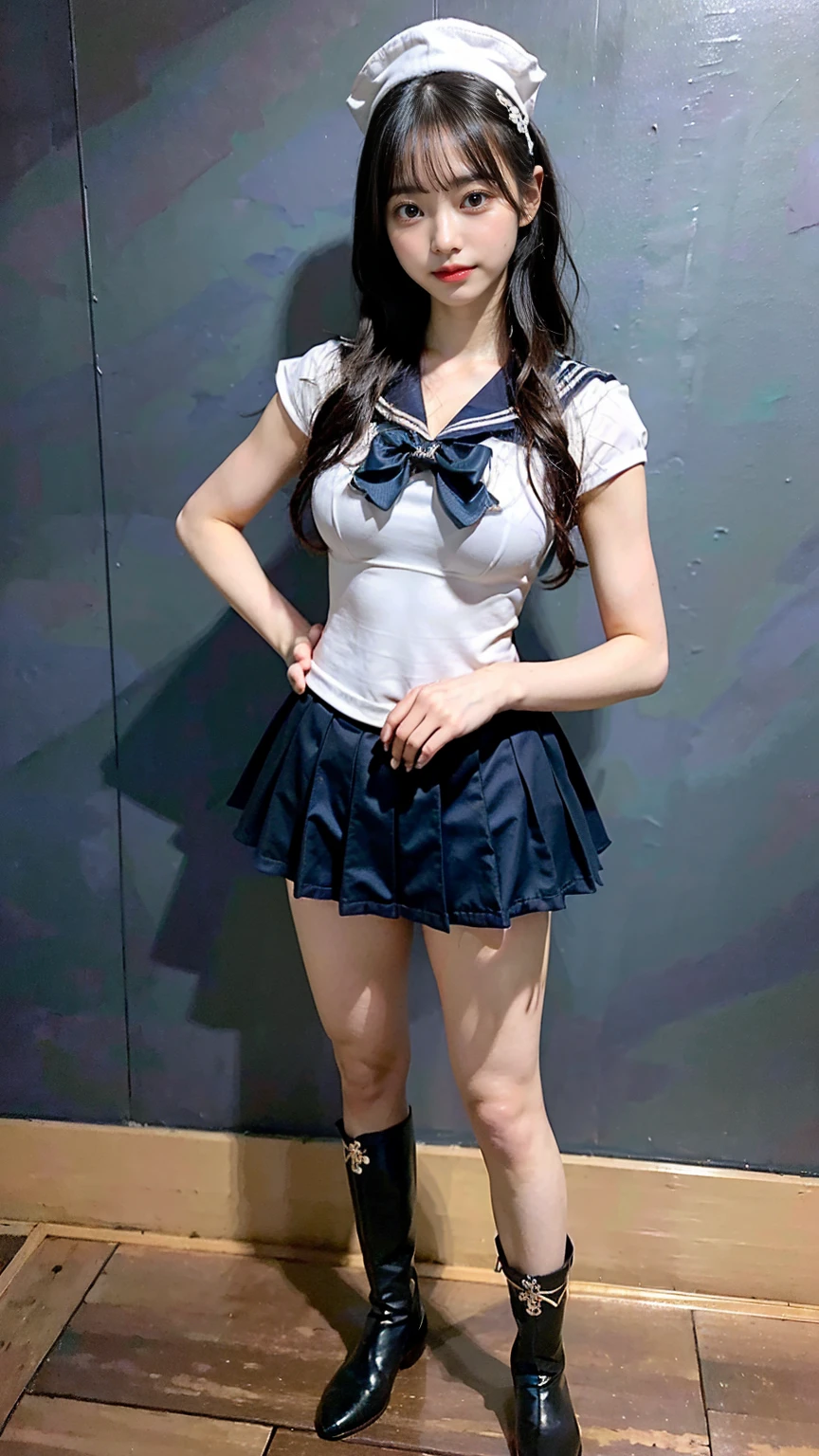 (8K、RAW Photos、Highest quality、masterpiece:1.2)、(Realistic、Realistic)、1 girl、((Sailor Warrior Outfits:1.5、With pubic hair、Large Breasts、Full body from the front、Standing with hands behind back、、Lots of eyelashes、Glowing eyelids、skeletally correct、smile、This photo will awaken boys to sex、Public toilets