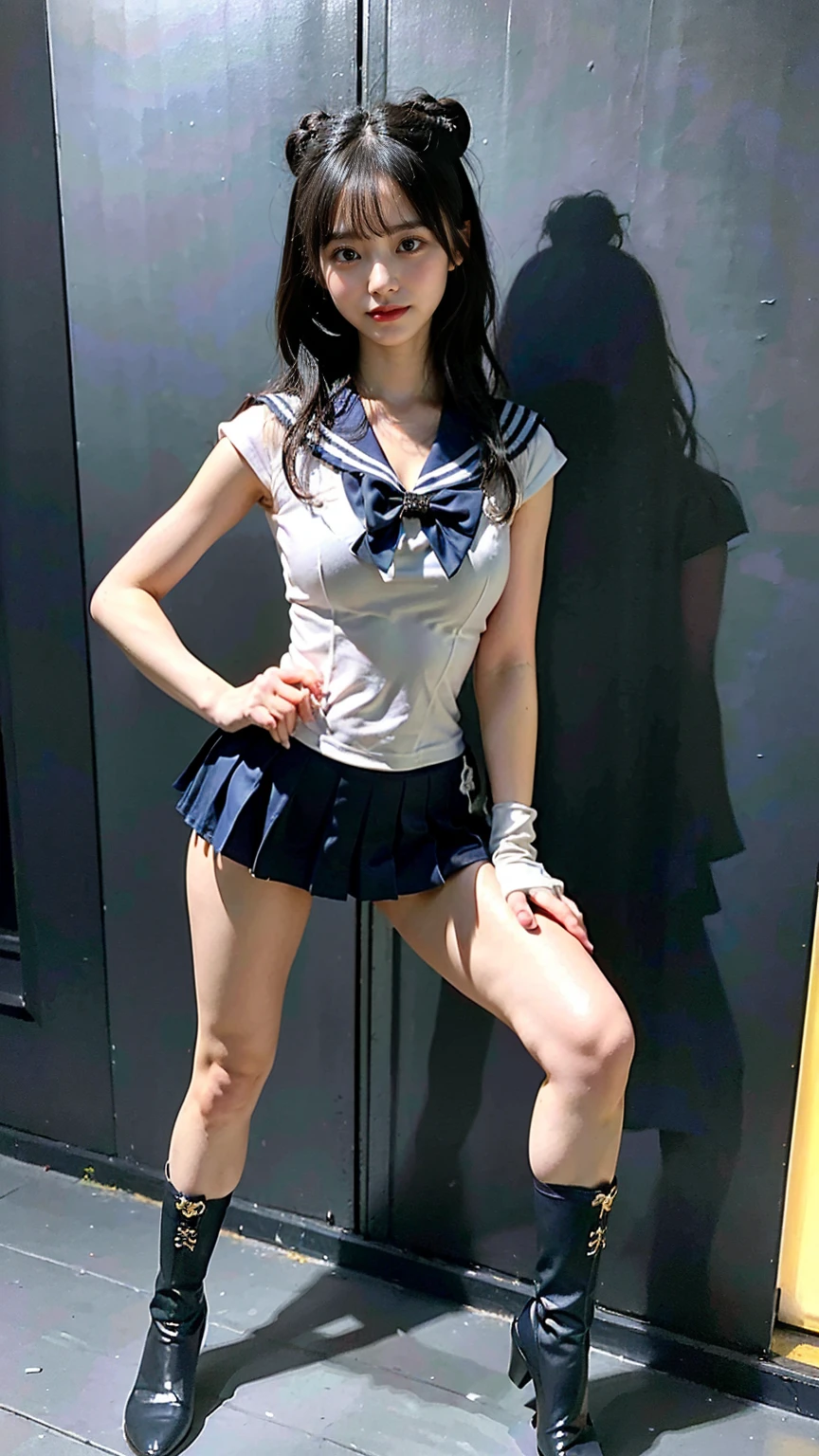(8K、RAW Photos、Highest quality、masterpiece:1.2)、(Realistic、Realistic)、1 girl、((Sailor Warrior Outfits:1.5、With pubic hair、Large Breasts、Full body from the front、Standing with hands behind back、、Lots of eyelashes、Glowing eyelids、skeletally correct、smile、This photo will awaken boys to sex、Public toilets