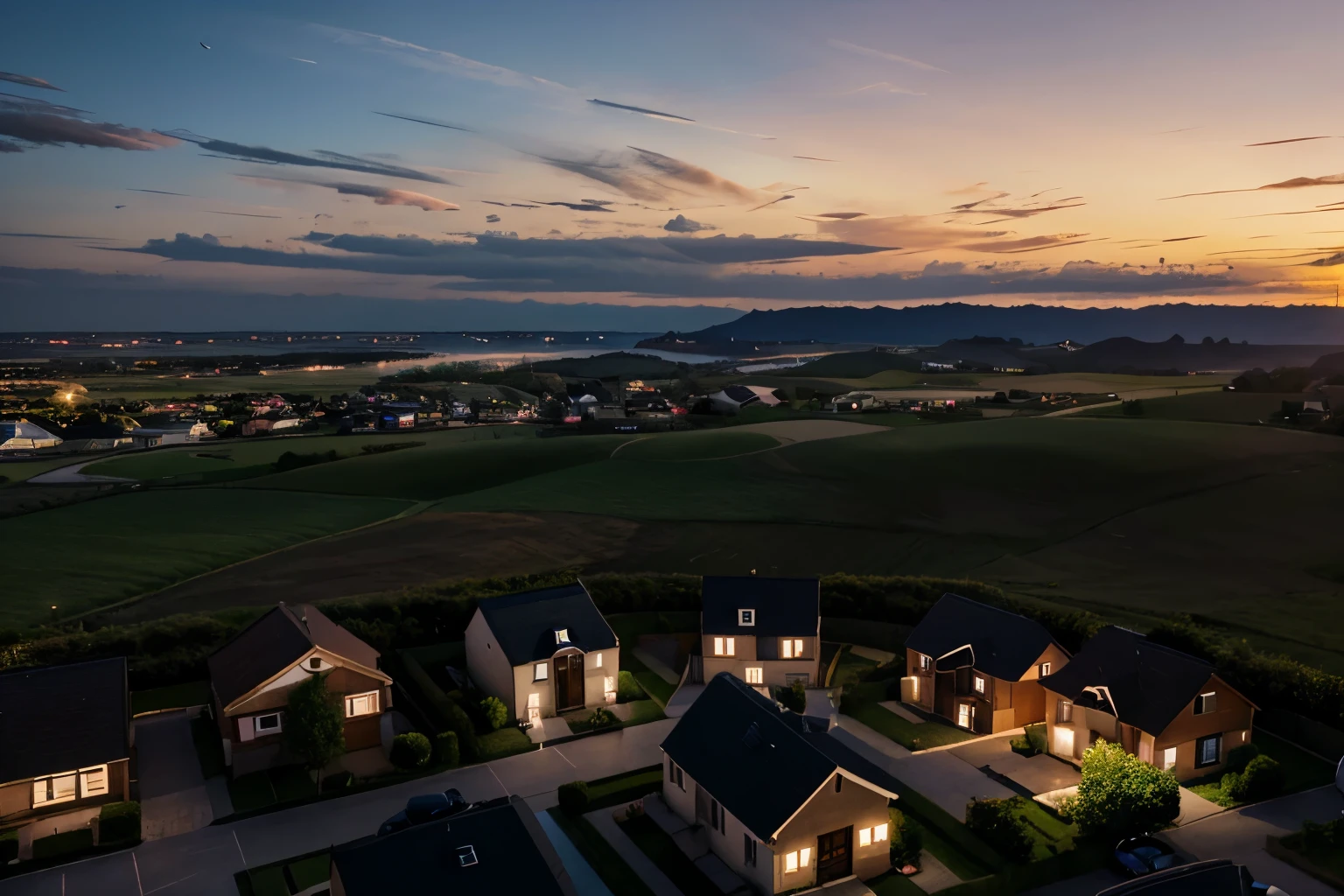 top quality, housing landscape, outdoor ,original , 3d view , evening ,from sky