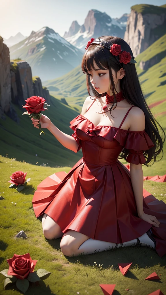 A red rose origami on the land