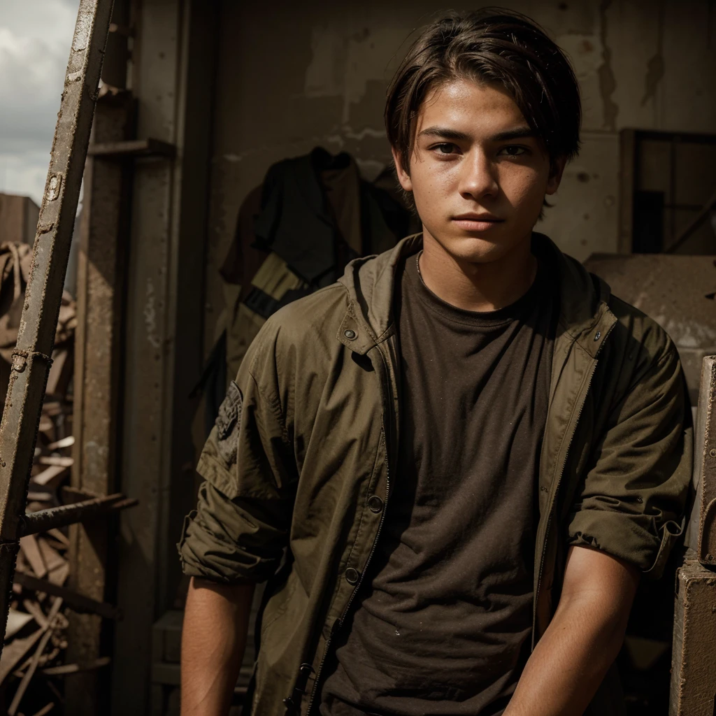 Create a 20-year-old boy searching and looking towards the horizon in a post-apocalyptic world wearing dark survivor clothing., The boy will have Mexican and American features combined, looking for a girl the same age with brown hair and a survivor just like the boy