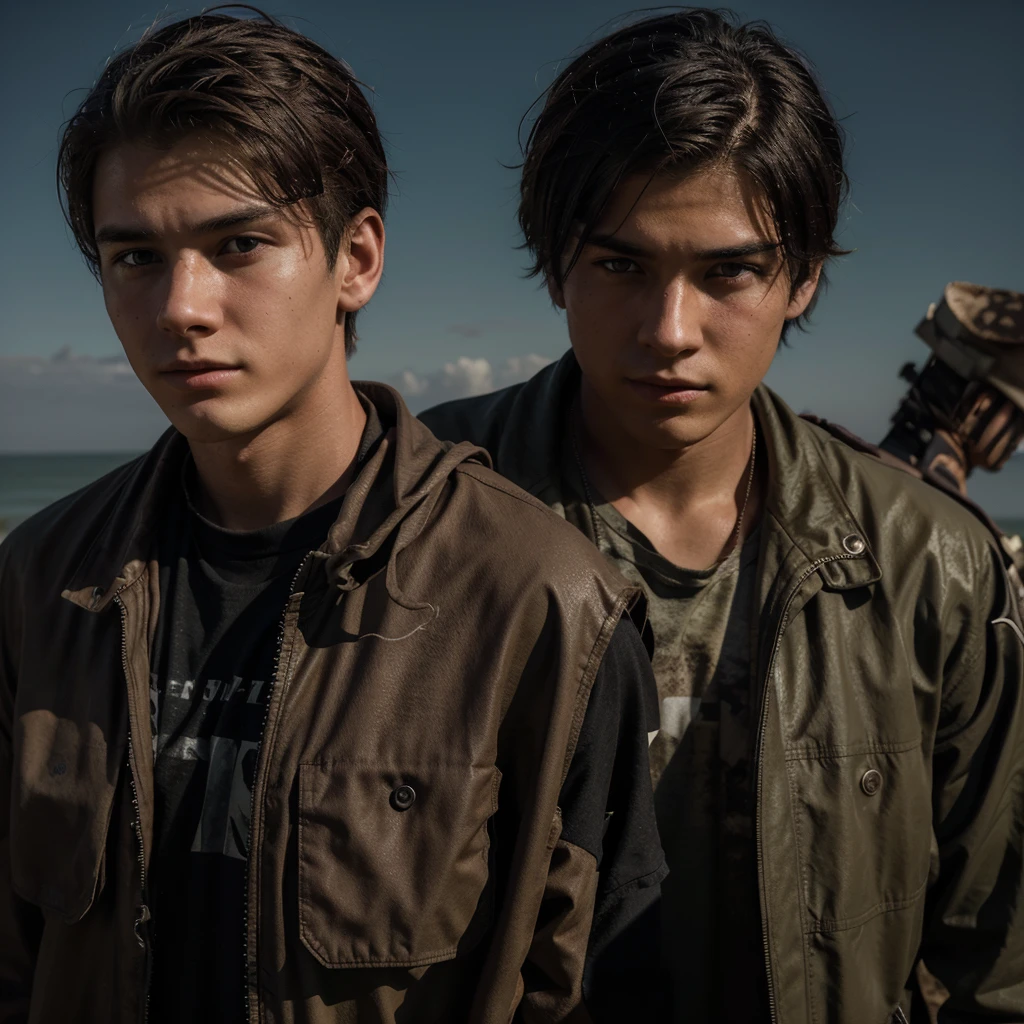 Create a 20-year-old boy searching and looking towards the horizon in a post-apocalyptic world wearing dark survivor clothing., The boy will have Mexican and American features combined, looking for a girl the same age with brown hair and a survivor just like the boy
