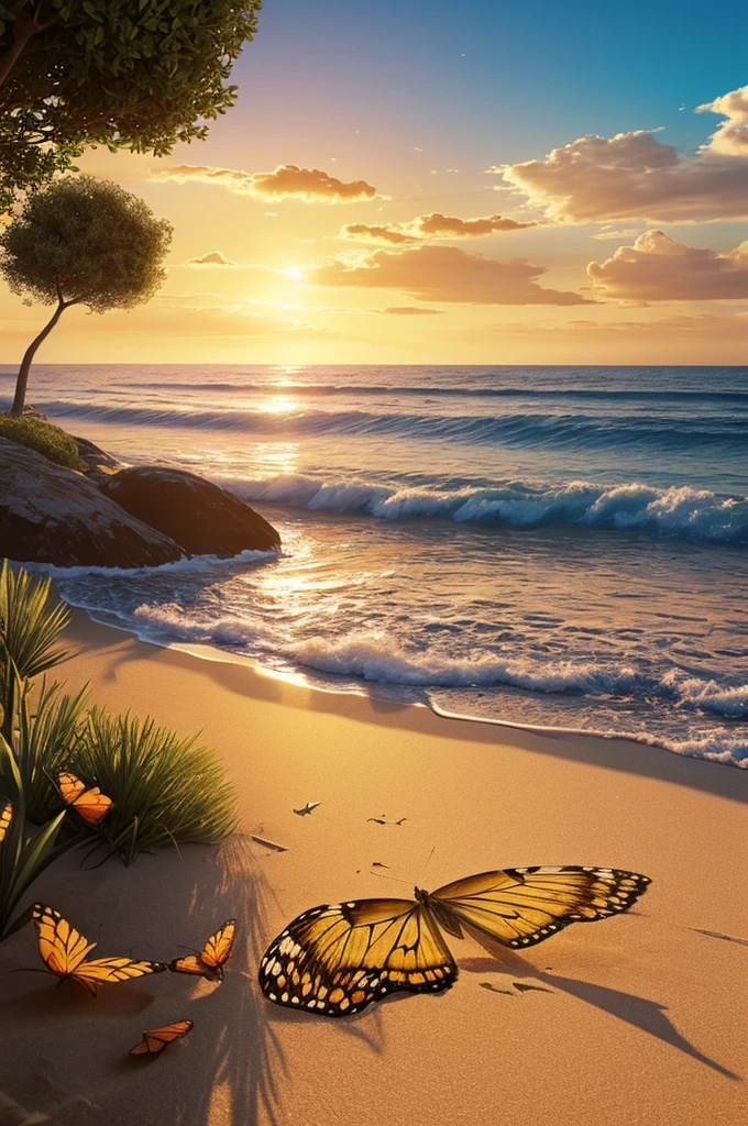 A breathtaking 3D illustration captures the essence of tranquility, featuring the name "QUEEN " exquisitely written on the pristine sand. The letters are adorned with a delicate, lacy border that seamlessly blends with the natural beauty of the setting. A vibrant, lifelike butterfly perches nearby, harmoniously interacting with the awe-inspiring sky and sea in the background. The golden hour sun casts a warm, radiant glow on the serene waves and the butterfly's wings, bathing the entire scene in an ethereal, golden light, creating an atmosphere of beauty and serenity.