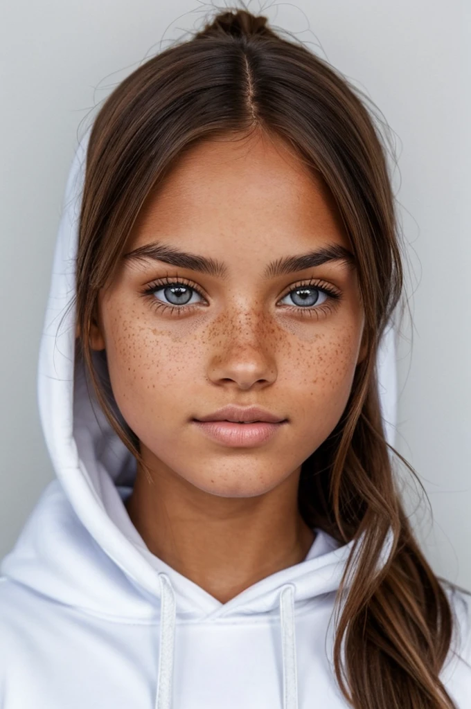 Beautiful tanned girl with light eyes, with brown hair and some freckles, dressed with a white Nike hoodie, ultra realistic image