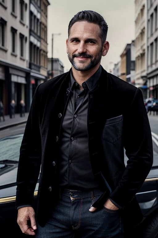 A 37-year-old man wearing a classic black velvet jacket and jeans, against the background of a black car, A busy street, Off-road vehicle,  short hair, short haircut, Not shaved, Shchitina, Clear Gaze,  slight smile, big belly, super realistic, accuracy of parts