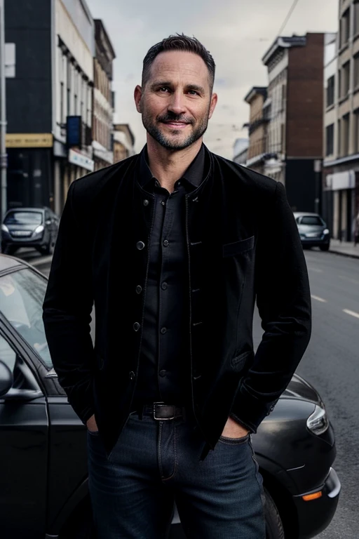 A 37-year-old man wearing a classic black velvet jacket and jeans, against the background of a black car, A busy street, Off-road vehicle,  short hair, short haircut, Not shaved, Shchitina, Clear Gaze,  slight smile, big belly, super realistic, accuracy of parts