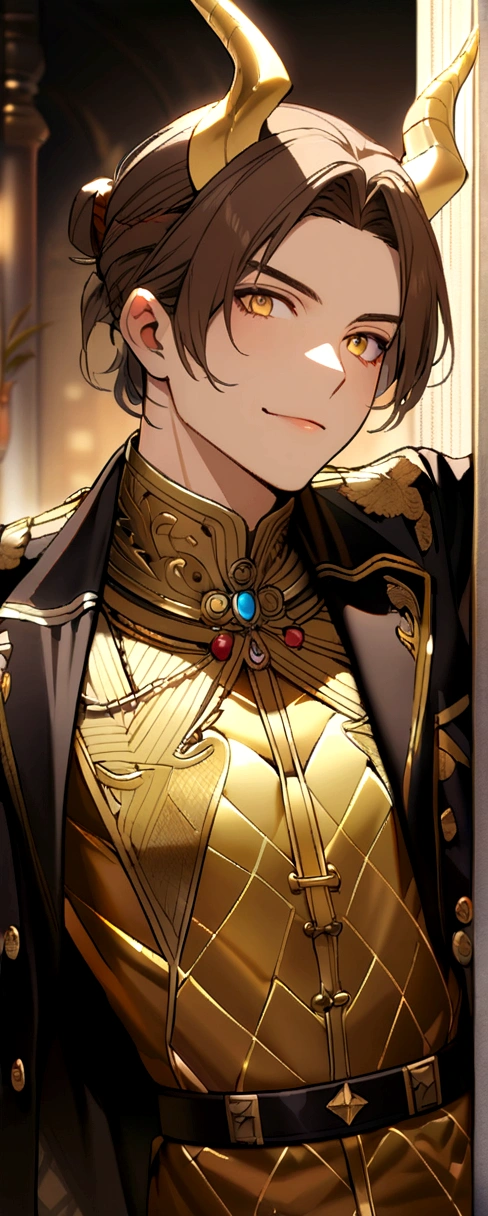 masculine, brown hair with golden horns, gold clothes with jacket