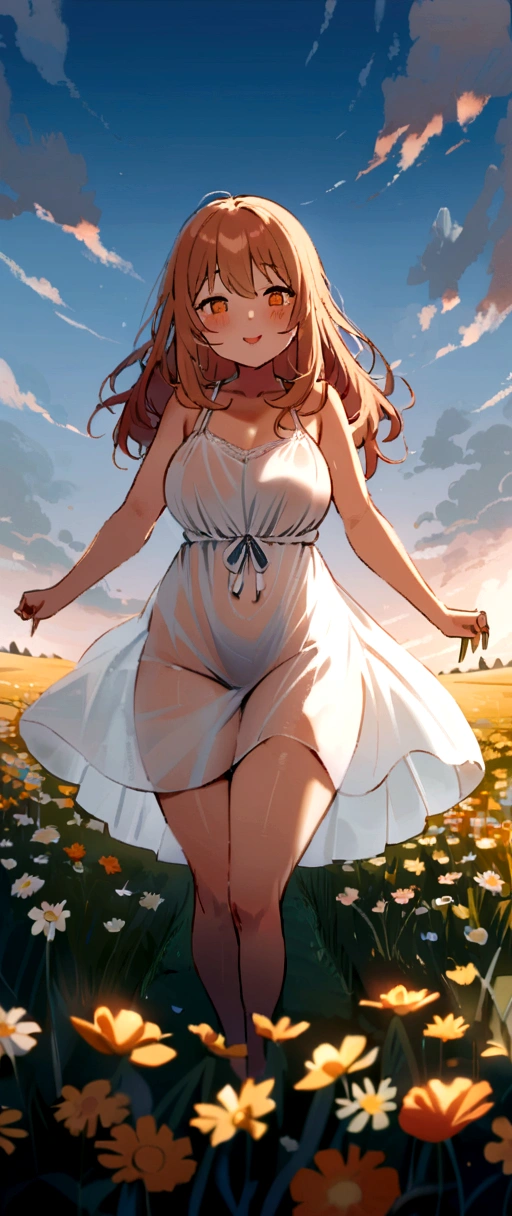 Spring in the misty fields. Erotic, voluptuous, curvy woman. Hana haruna. body measurement of 100-70-90! beautiful chubby face, round face, long hair, cascading, flower. Her wide heart-shaped lips curl up, light smile. Beautiful seductive eyes. She wears a short transparent summer dress. Prancing in the fields. Masterpiece, warm orange Lighting, Cinematic shot. Taniaayusiregar