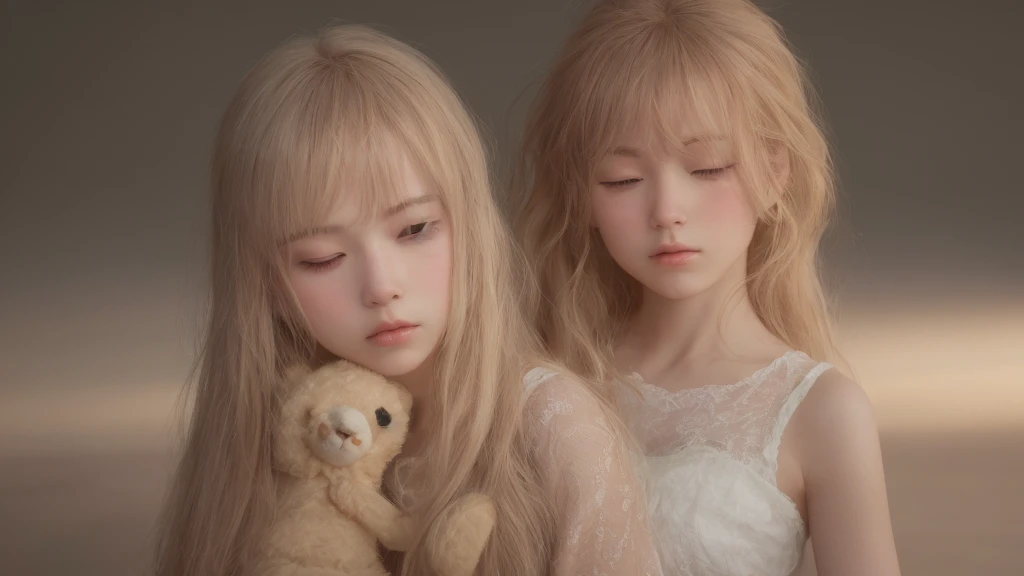 1girl, With stuffed bear, eyes closed. blush, perfect illumination, gold hair, unreal engine, side lighting, detailed face, bangs, light skin, simple background, dark background, beach, sleep, <la:makimaChainsawMan_v10:0.35