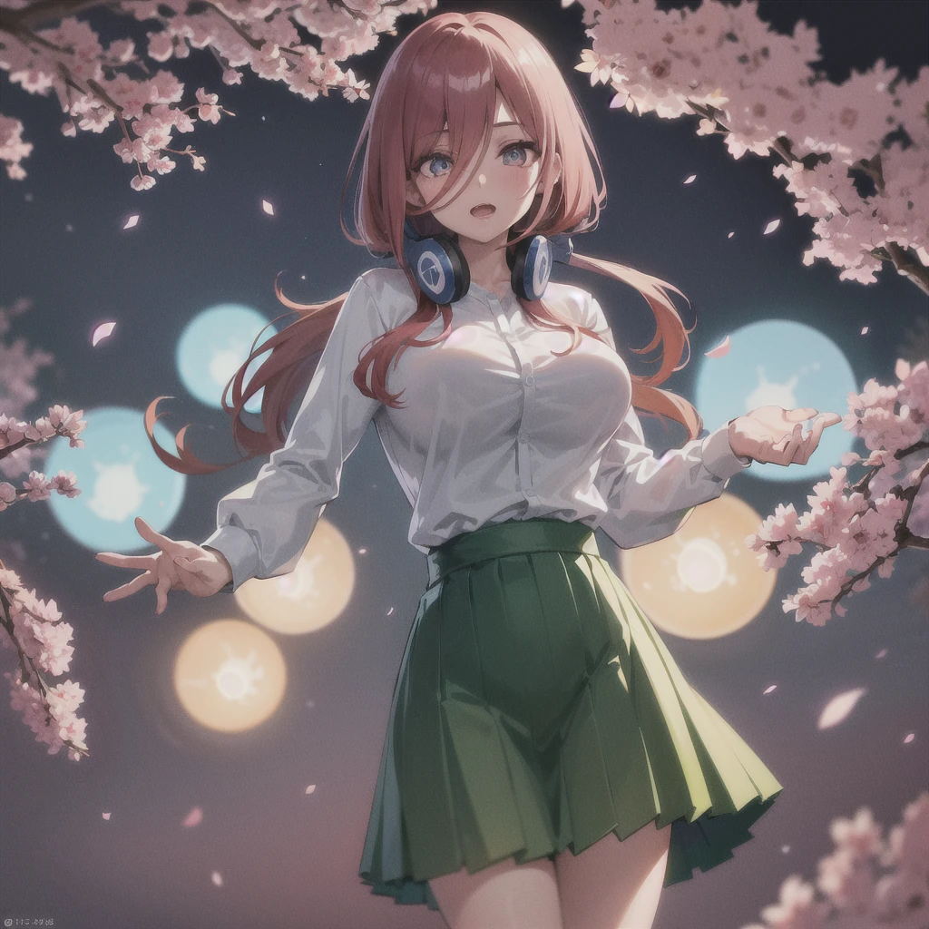 masterpiece, best quality, ultra-detailed, glistening shiny, glowing light, ray tracing, HDR, deph of field, (perfect face, detailed face, detailed eyes,perfect hands),(medium boobs:1.2),8k,HD,ultra realistic face,ray tracing,perfect lighting,best quality, ultra-detailed, shiny eyes, (looking at viewer,open mouth smile:1.1), ((1girl)), (mature female:1.4),cowboy shot,thighs,huge breast,
miku,long hair,((gradient hair)),multicolored eyes, gradient eyes, (glowing eyes:1.5), mascara, (fashion make up), parted lips,blush,skirt,shirt,long sleeves,white shirt, pantyhose,pleated skirt, collared shirt, black pantyhose, petals, headphones, cardigan, green skirt, between legs, hand between legs, headphones around neck, blue cardigan, hand on headphones,
(:1.1, neons, night,cherry trees, flying cherry blossom petals,moon,japanese architecture, japanese lamps)),(complex background, many elements in the background:1.2),((super detailed background)), mistress poses, ((8k wallpaper)),