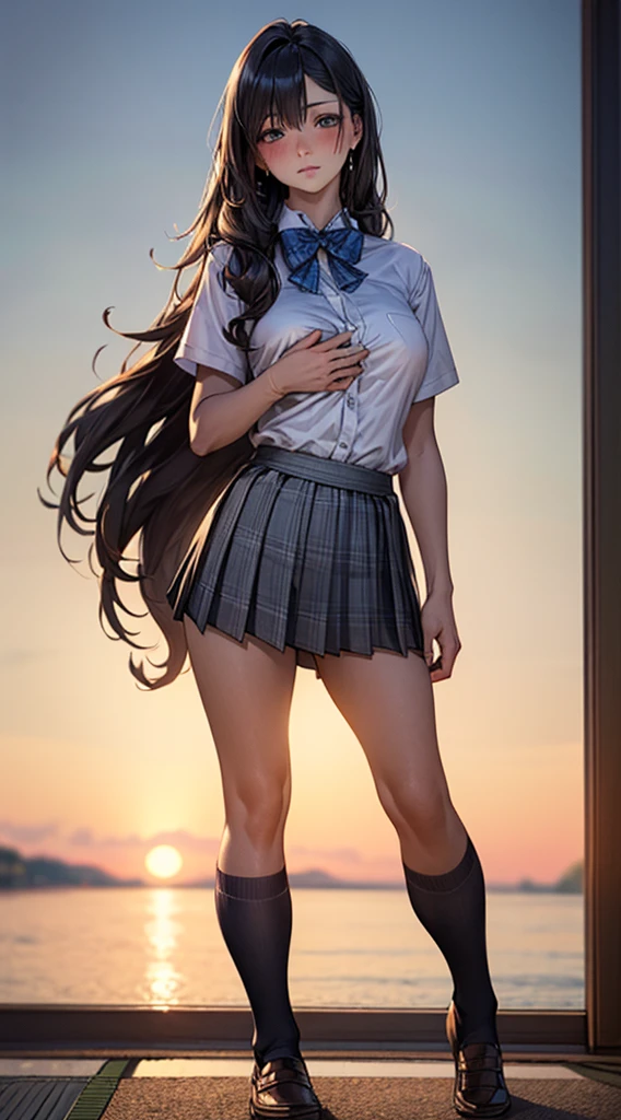 (masterpiece:1.2, top-quality), (realistic, photorealistic:1.4), beautiful illustration,
looking at viewer, full body, front view:0.6,
1 girl, japanese, high school girl, (long hair:1.5), blown hair, (half up, half updo), bangs, hair between eye, large breasts:0.8,
beautiful hair, beautiful face, beautiful detailed eyes, beautiful clavicle, beautiful body, beautiful chest, beautiful thigh, beautiful legs, beautiful fingers,
(beautiful scenery), , school,
((collared short sleeve shirt, white shirt, , grey plaid pleated skirt, blue plaid bow tie)), white panties,
(standing, , lift up skirt, grab the hem of the skirt, hands on chest, hand between legs),
blush, ,