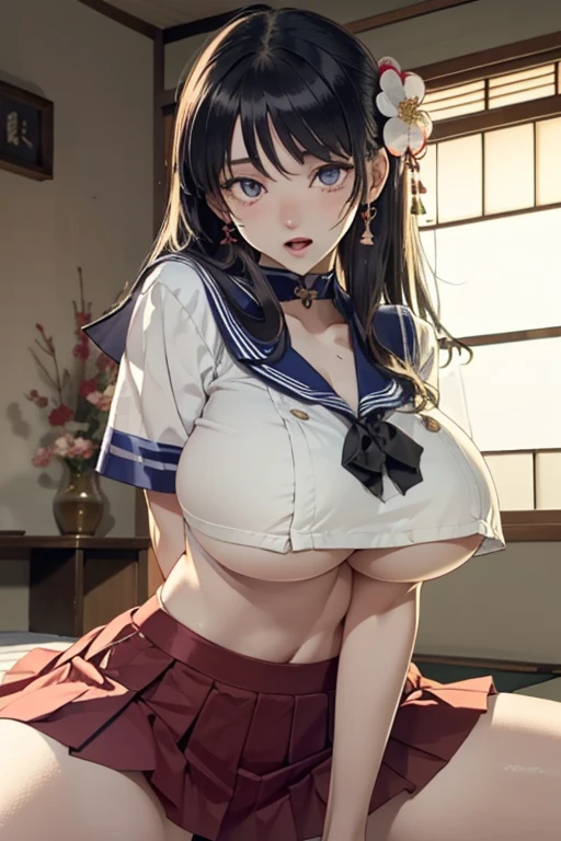 (8k, RAW photo, best quality, masterpiece, soft cinematic lighting, soft color:1.4),(POV,from above:1.2),(from below,ceiling:-0.0),( looking at camera:1.5),(beautiful eyes focus,Close-up beautiful eyes:1.5), (realistic:1.3), (dark old japanese room,yukaku,flower picture background:1.7), (solo, mature woman,19years old,super beautiful face,super detaild beautiful eyes :1.5), (sailor uniform,low-cut miniskirt:1.3),(show off nipple:0.5), (embarrassed,red Cheeks:1.25),long hair, {{slicked back hair}}, white blonde color hair, clean skin, (smaller butt:0.5),(coverd nipple:0.8),(sagging huge long wide heavy breasts,puffy areola:1.5),(under boob:1.7), (thick, curvy:1.3),(very skinny:1.5),(temptation pose:1.7),(open mouth:1.1),(straddling,spread legs,arms behind back:1.4),