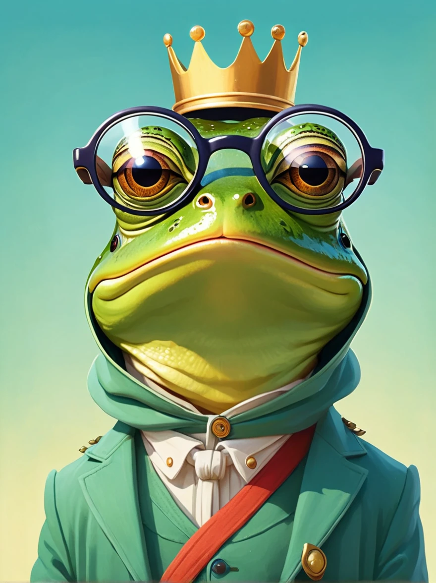 A frog prince wearing oversized glasses, (cartoon creature in style of Oliver Jeffers:1.5)