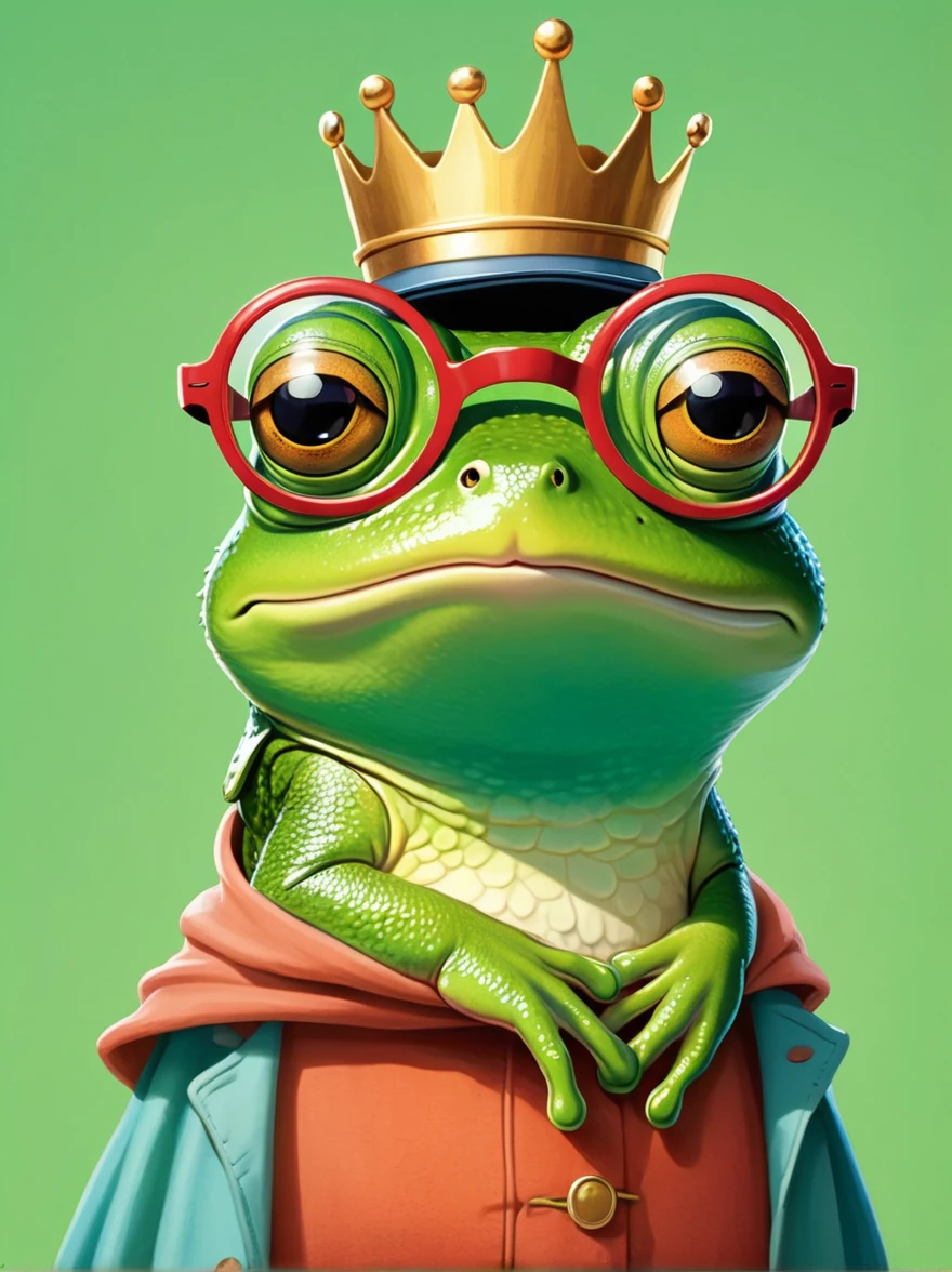 A frog prince wearing oversized glasses, (cartoon creature in style of Oliver Jeffers:1.5)