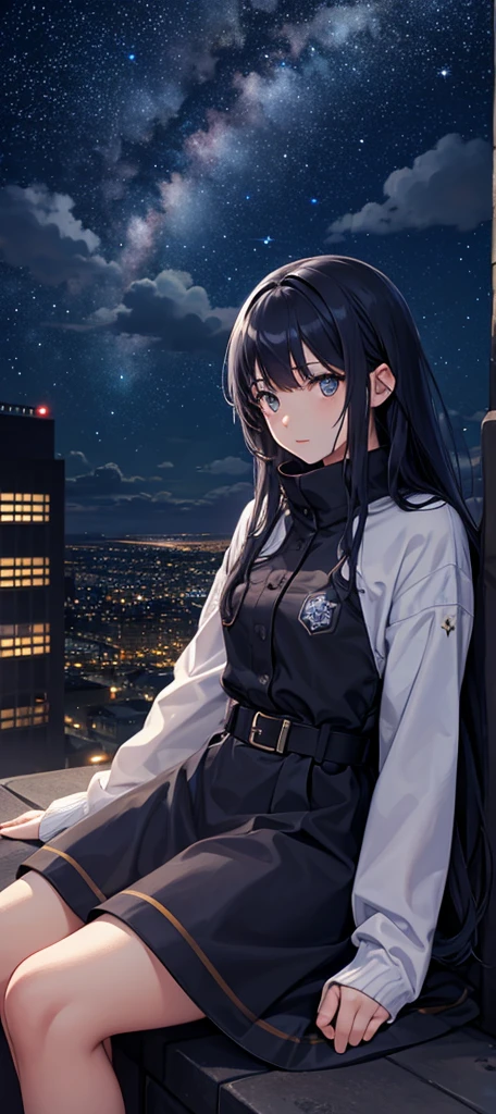 octans, sky, star (sky), scenery, starry sky, night, 1girl, night sky, solo, outdoors, building, cloud, milky way, sitting, tree, long hair, city, silhouette, cityscape
