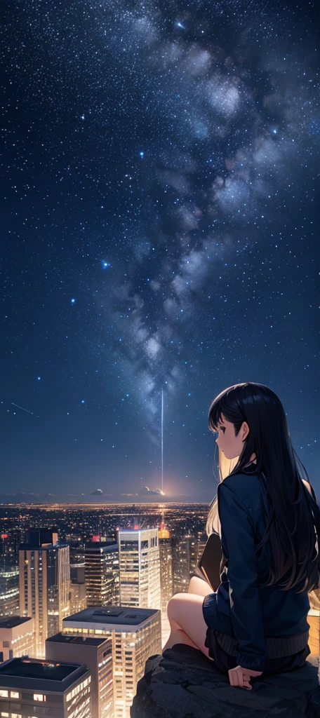 octans, sky, star (sky), scenery, starry sky, night, 1girl, night sky, solo, outdoors, building, cloud, milky way, sitting, tree, long hair, city, silhouette, cityscape  