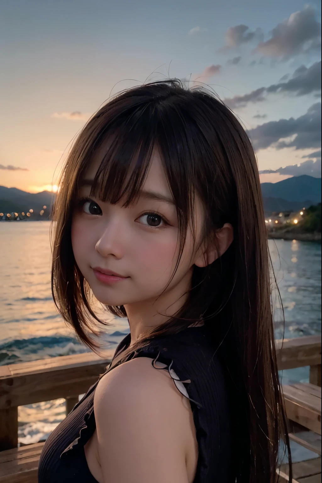 Coast, Waves, Serene Twilight, Water Reflection, 
Widephoto Lens:1.2, 
Mount Fuji Background with Snow-Capped Peak, 
Tombolo with Lighthouse Tower on Left Distance, 
Coastline with Illuminated Street Lamps Along Shore on Right, 
Grassy Park with Silhouetted Figure Foreground, 
1 Japanese Girl, Very Short Bob Cut, Wide-Set Eyes, Very White Skinned, Blush, Bashfully, -Yeld, O Mouse Slightly, 
On Deck with Wooddy Roundbar, 
Brown Hair, Wet Hair, Messy Hair, 
Cheerful, Light Smiling, Ecstasy, [Pouted Cheek], 
Looking Back Viewer, 
Medium shot, 
SFW:1.0, 
POV Shot, 
8K, RAW Photo, Best Quality, Masterpiece, Realistic, PhotoRealistic, Extremely Detailed 8K Wallpaper, Beautifully Detailed Eyes, Finely Detailed Face, POV Shot, 
High-Key Lighting, Professional Lighting, Cinematic Lighting, Sidelighting, Bokeh