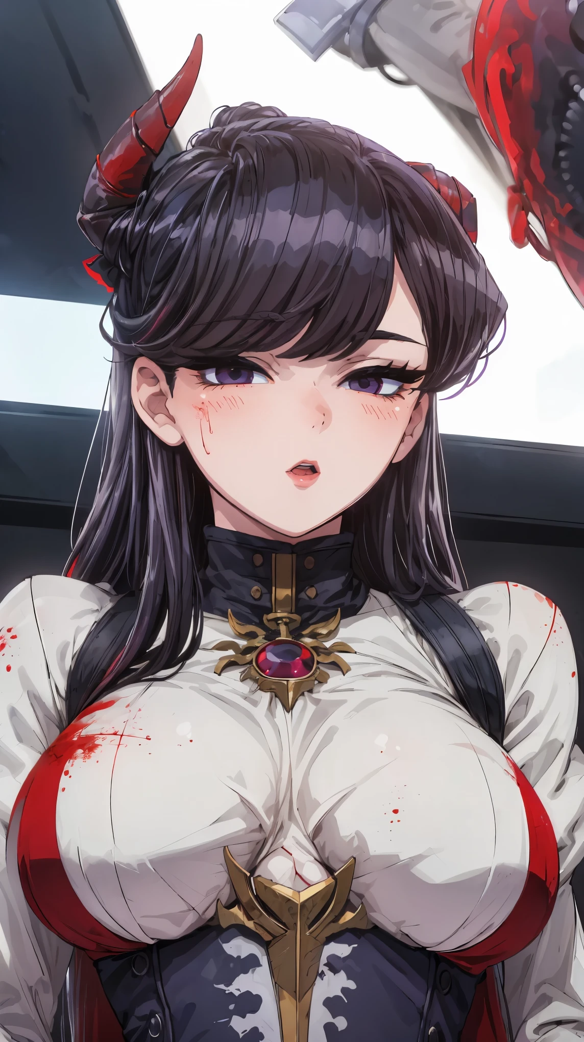 Portrait, Horror Movie, (Komi Can't Communicate character, Comis-san), ((Ultra Detailed, Cinematic, hyper detailed, Hyperresolution, official arts, Wallpaper 40k, Mind-blowing art)), Skull Girl, wide skull, skintight, side_boobgasm, dark-indigo hair, very long hair,  voluminous hair, black eyes, makeup, lipstick, 30 years old, mature woman, Beautiful finger, 1girl, Beautiful body, Beautiful nose, Beautiful character design, perfect eyes detail, perfect face, looking at viewer, colorful, Bright_Front_face_Lighting, (masterpiece: 1.0), (best_quality: 1.0), (bright_color: 1.2) (Beautiful, big_breasts: 1.4), (beautiful_face: 1.5), (narrow_waist), (solo: 1.4), ((upper body, half body:1,4)), hanging breasts, class, shyly blushing, looking at viewer, seductive, lack of protruding teeth, sharp teeth, terror, Flesh, (Fallen horns, Long horns), (((an alien))), woman, destruction, Discarded skin, pale skin, seductive body, ((omni-man clothing), red and white color clothing), Nolan Grayson clothing, (traces of blood on clothes, traces of blood on hands), expression of indifference on the face, 