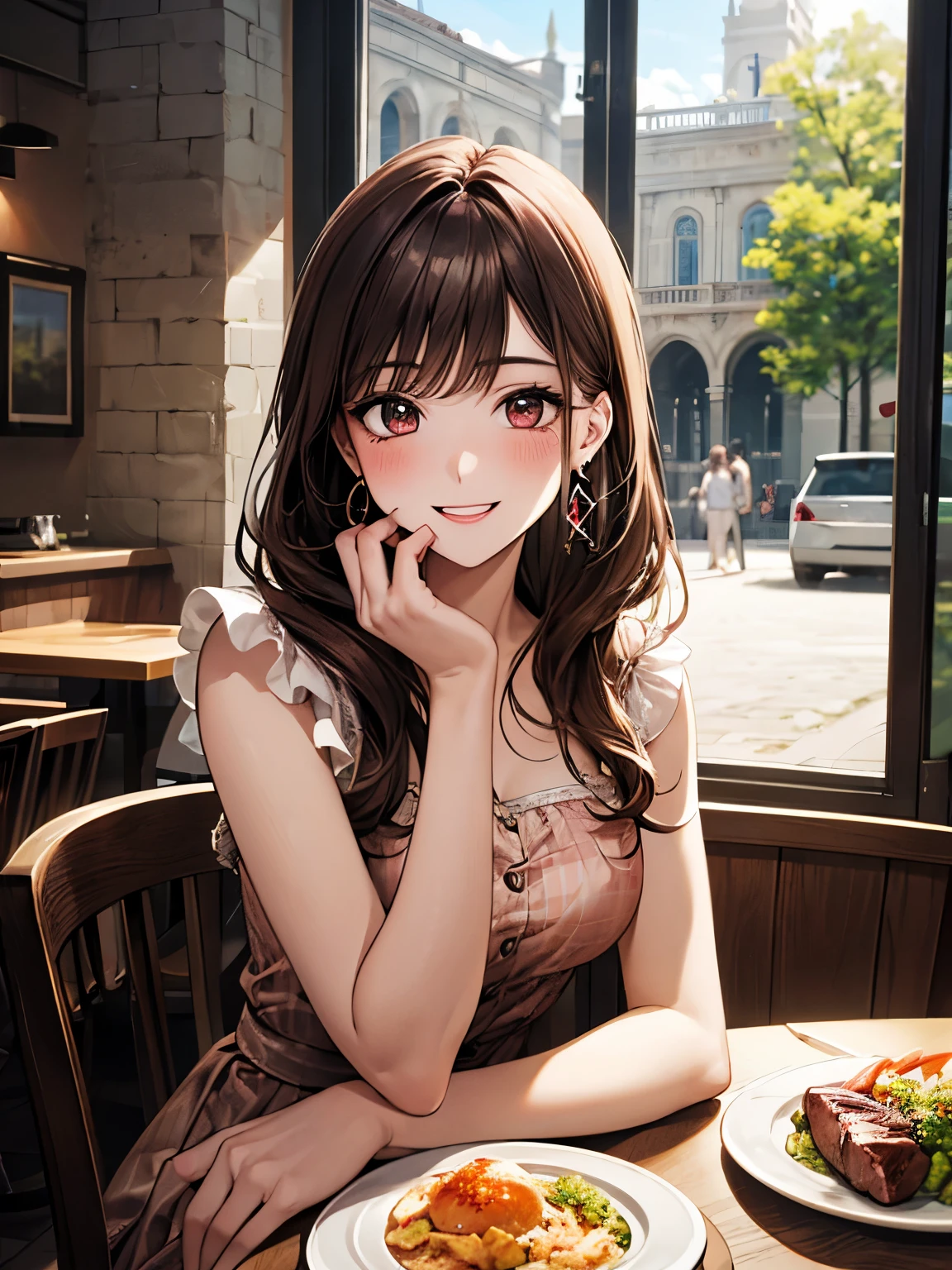 (masterpiece), (Highest quality), High resolution, Super detailed, Realistic, 8K, A complicated face, Detailed body, Detailed face, beautiful, Break 1 Girl, alone, Long Hair, Brown Hair, bangs, (Wearing a summer dress), Hoop Earrings BREAK Family Restaurant, table, Italian food, steak, Smile, Open your mouth wide, blush, from the front, Captivating smile