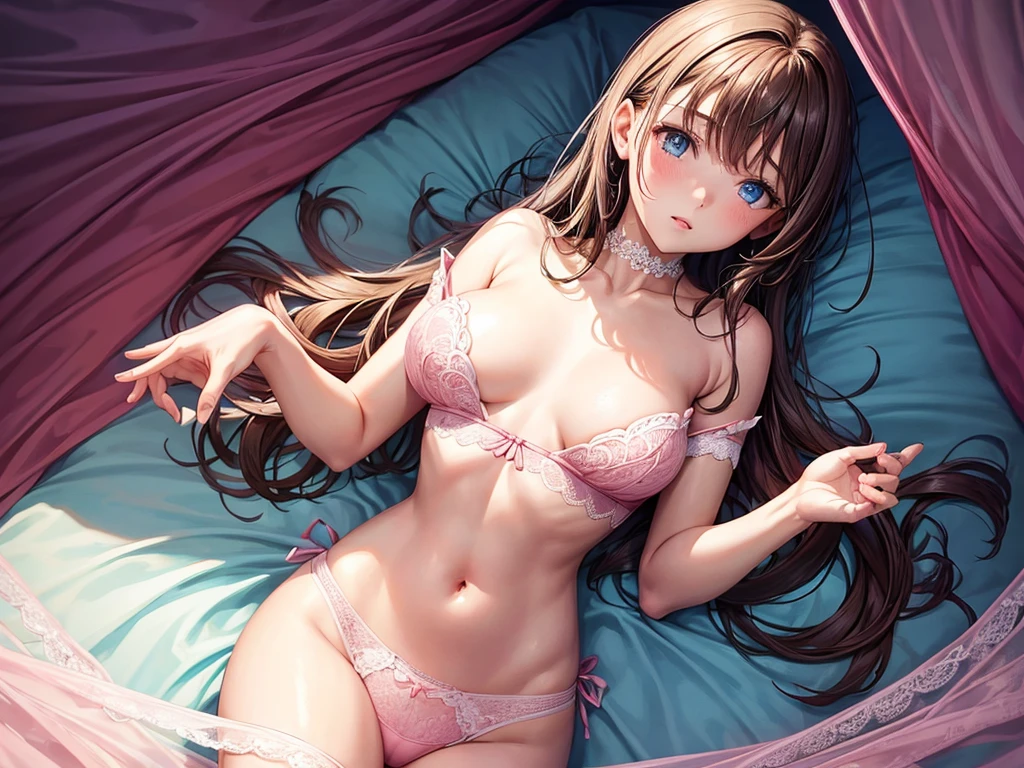 young girl in pink lace panties and elegant pink lingerie , she is brunette with blue eyes, she is very fine, her thin chest, his chest is plate, his chest is , she has small breasts, she has pretty hips and bare shoulders, she poses confidently, well arched back