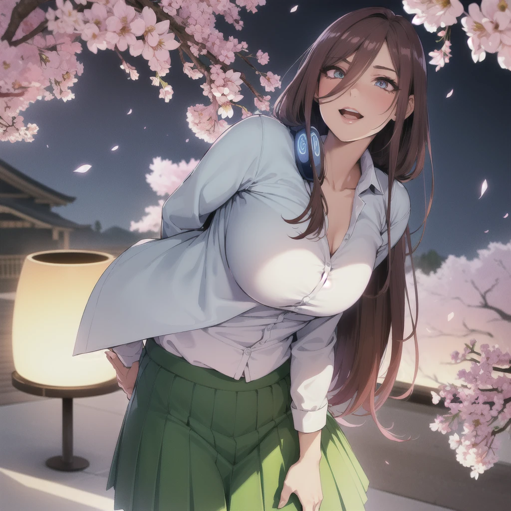 masterpiece, best quality, ultra-detailed, glistening shiny, glowing light, ray tracing, HDR, deph of field, (perfect face, detailed face, detailed eyes,perfect hands),(medium boobs:1.2),8k,HD,ultra realistic face,ray tracing,perfect lighting,best quality, ultra-detailed, shiny eyes, (looking at viewer,open mouth smile:1.1), ((1girl)), (mature female:1.4),cowboy shot,thighs,huge breast,
miku,long hair,((gradient hair)),multicolored eyes, gradient eyes, (glowing eyes:1.5), mascara, (fashion make up), parted lips,blush,skirt,shirt,long sleeves,white shirt, pantyhose,pleated skirt, collared shirt, black pantyhose, petals, headphones, cardigan, green skirt, between legs, hand between legs, headphones around neck, blue cardigan, hand on headphones,
(:1.1, neons, night,cherry trees, flying cherry blossom petals,moon,japanese architecture, japanese lamps)),(complex background, many elements in the background:1.2),((super detailed background)), mistress poses, ((8k wallpaper)), 